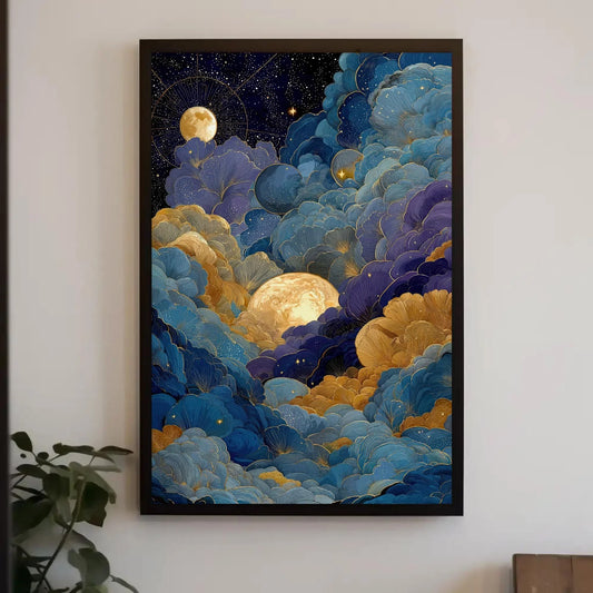 Celestial Moon Clouds Canvas Art, Gold Blue Purple Wall Decor, Mystical Night Sky Print, Whimsigoth Bedroom Art, Dreamy Maximalist Gift Wall Art – Canvas Print