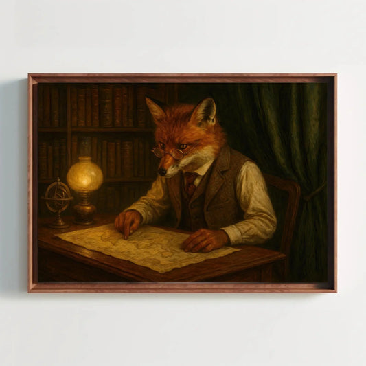 Fox Antique Map Room Canvas Print | Dark Academia Study Wall Art | Scholarly Fox Giclée | Moody Library Decor Wall Art – Canvas Print