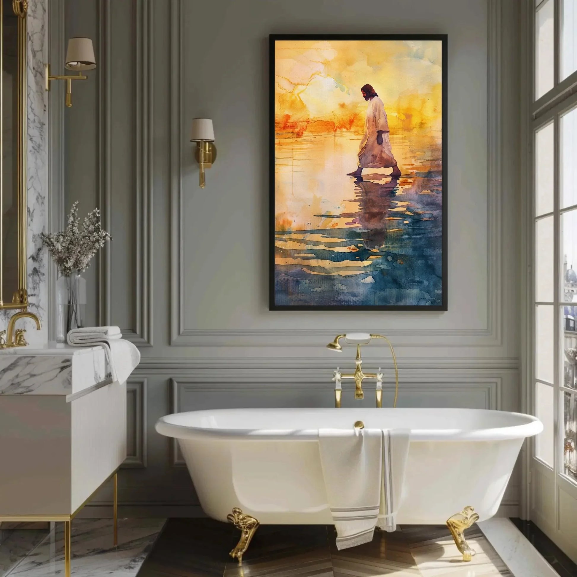 Jesus Walking on Water Sunset Canvas Print - Peaceful Watercolor Christian Painting - Extra Large Faith Wall Art for Home or Prayer Room Wall Art – Canvas Print