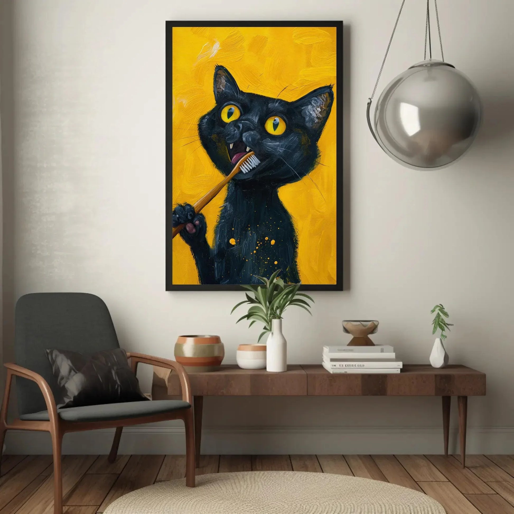 Black Cat Brushing Teeth Canvas Print, Rustic Farmhouse Wall Art, Extra Large Funny Cat Decor, Unique Holiday Gift for Cat Lovers Painting Wall Art – Canvas Print