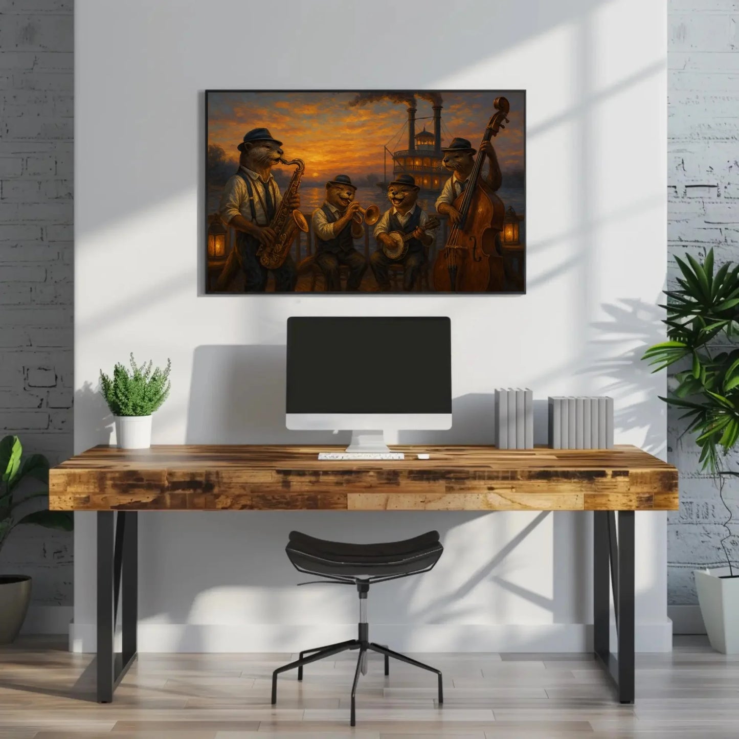 Otters Riverboat Jazz Band Canvas Print | Sunset Music Wall Art | Anthropomorphic Animal Art | Nostalgic Giclée Decor Wall Art – Canvas Print