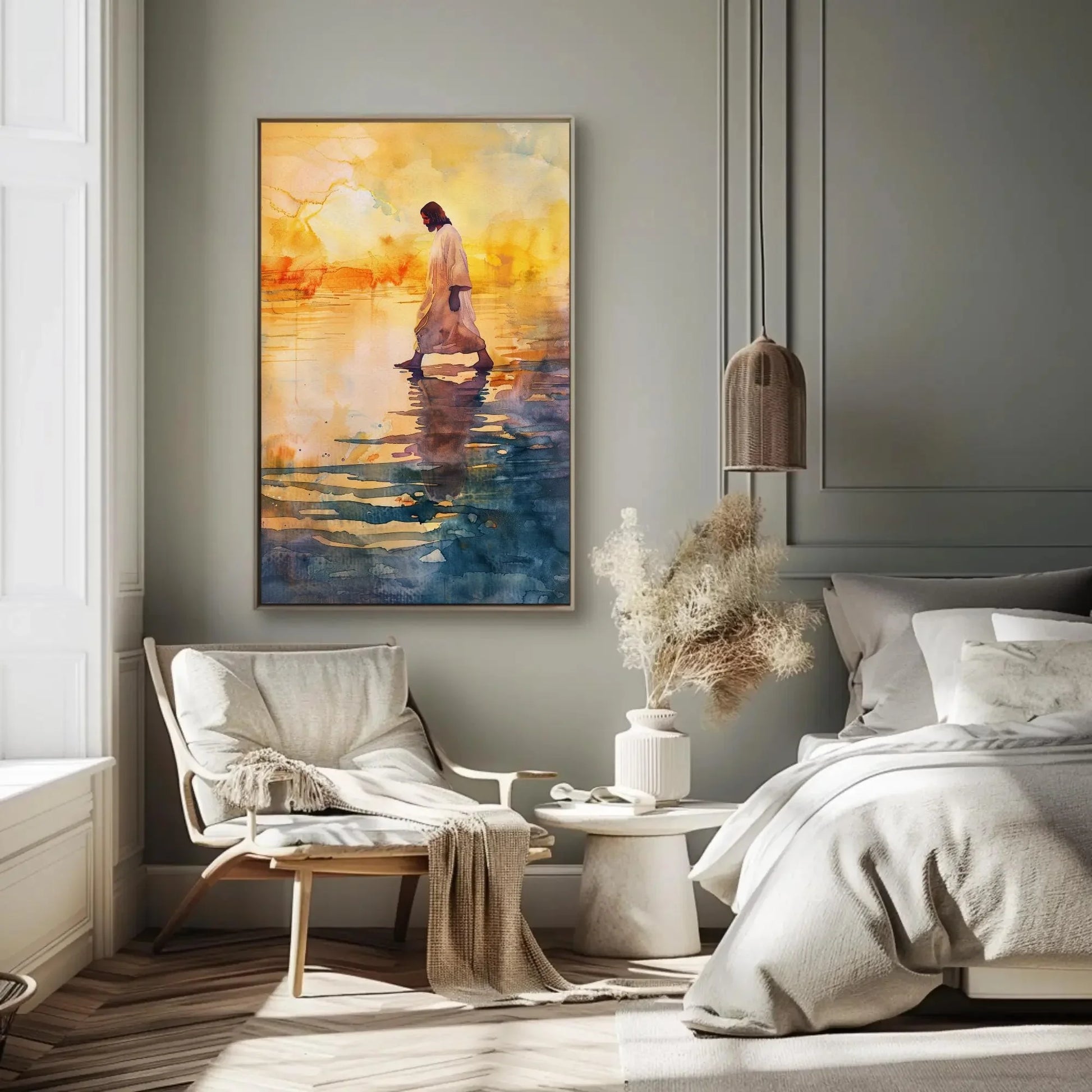 Jesus Walking on Water Sunset Canvas Print - Peaceful Watercolor Christian Painting - Extra Large Faith Wall Art for Home or Prayer Room Wall Art – Canvas Print