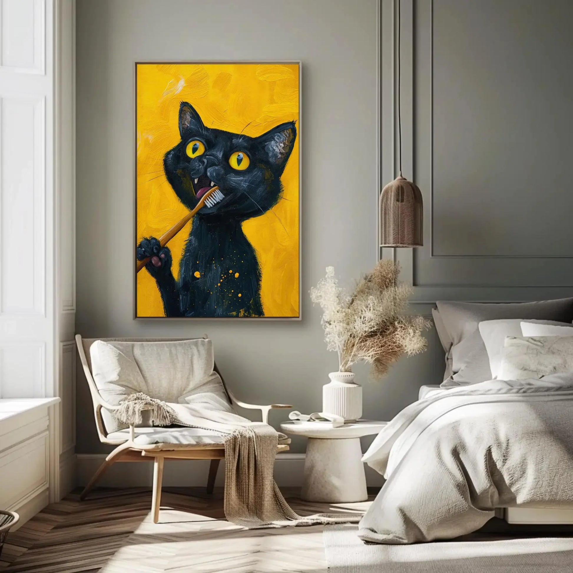 Black Cat Brushing Teeth Canvas Print, Rustic Farmhouse Wall Art, Extra Large Funny Cat Decor, Unique Holiday Gift for Cat Lovers Painting Wall Art – Canvas Print