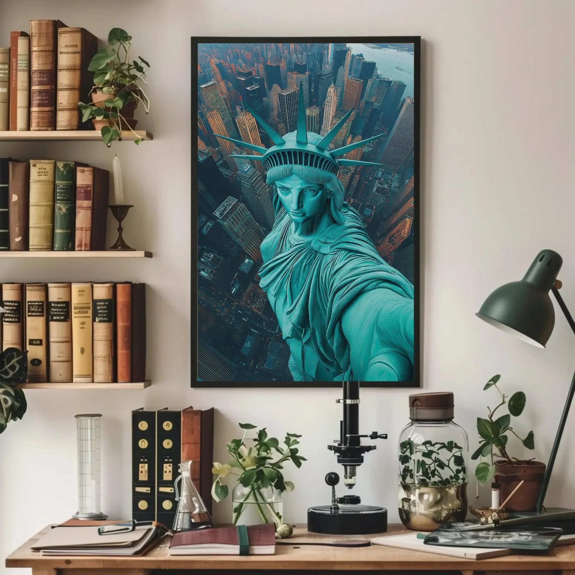 Statue of Liberty Aerial Selfie Canvas Print, New York City Skyline Wall Art, Fun Pop Art Travel Decor for Living Room or Office Wall Art – Canvas Print