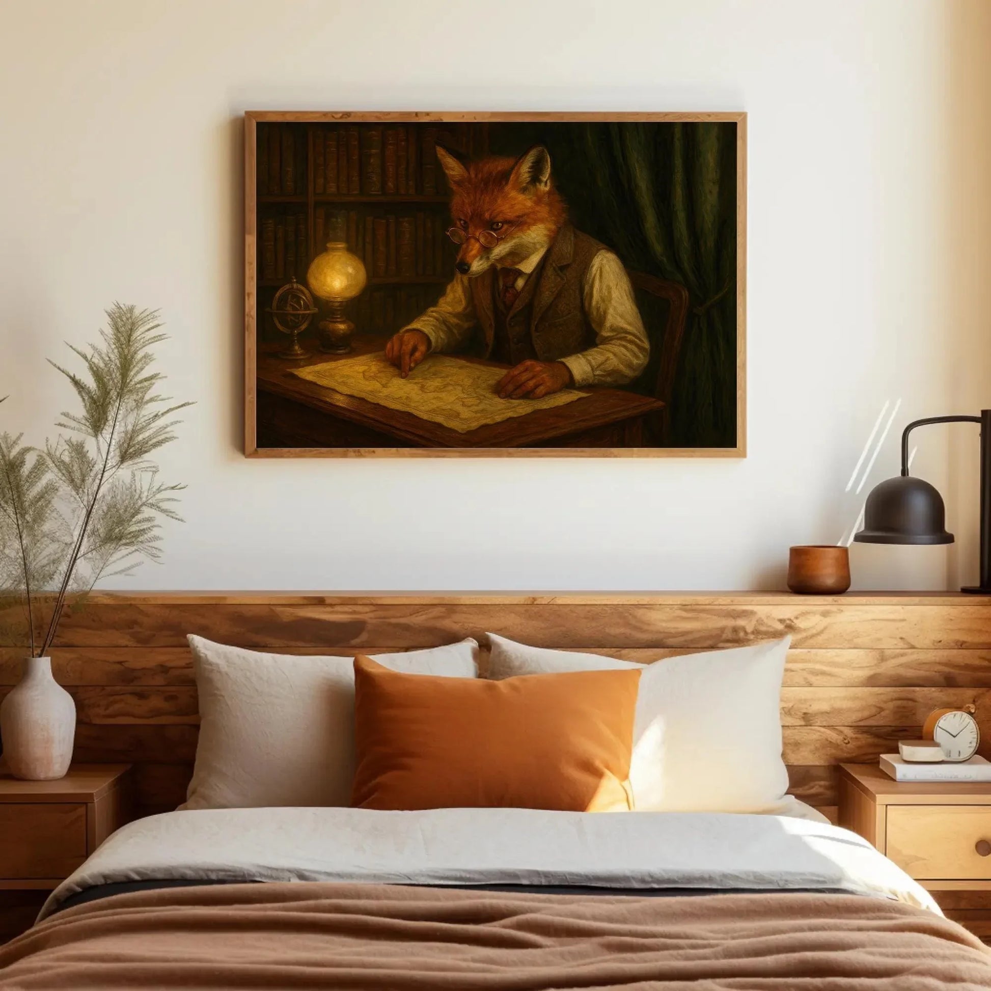 Fox Antique Map Room Canvas Print | Dark Academia Study Wall Art | Scholarly Fox Giclée | Moody Library Decor Wall Art – Canvas Print