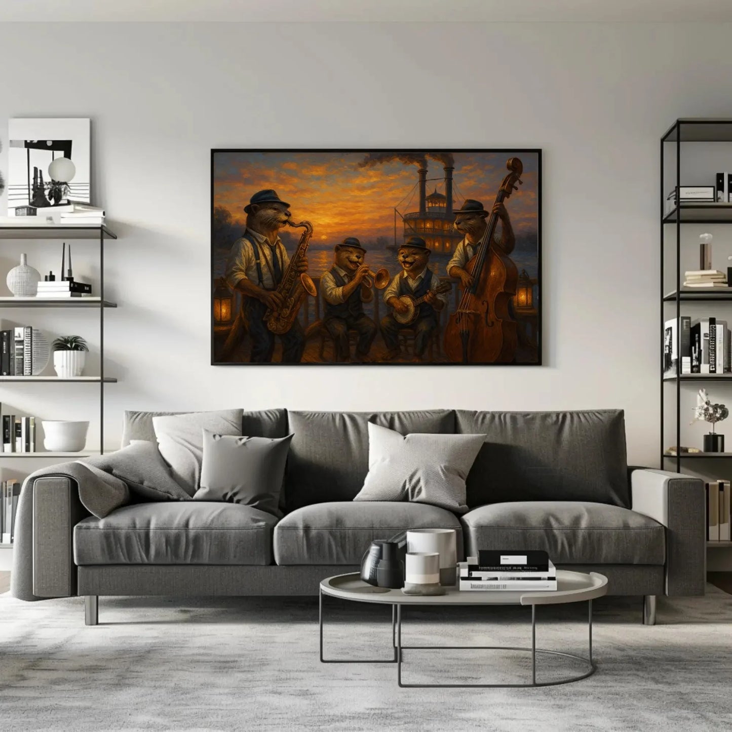 Otters Riverboat Jazz Band Canvas Print | Sunset Music Wall Art | Anthropomorphic Animal Art | Nostalgic Giclée Decor Wall Art – Canvas Print