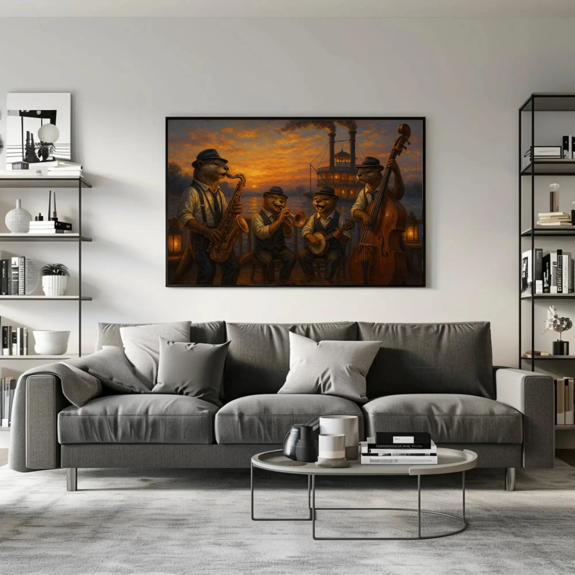 Otters Riverboat Jazz Band Canvas Print | Sunset Music Wall Art | Anthropomorphic Animal Art | Nostalgic Giclée Decor Wall Art – Canvas Print