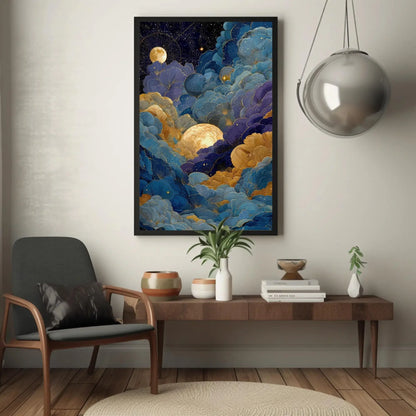 Celestial Moon Clouds Canvas Art, Gold Blue Purple Wall Decor, Mystical Night Sky Print, Whimsigoth Bedroom Art, Dreamy Maximalist Gift Wall Art – Canvas Print
