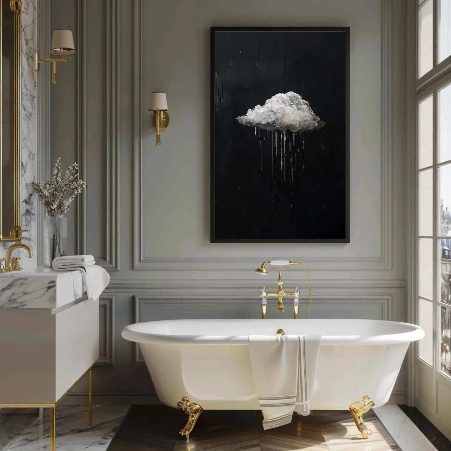 Moody Cloud Drip Painting Canvas Wall Art in Black and White, Modern Abstract Rain Cloud Print for Office or Living Room Decor Wall Art – Canvas Print