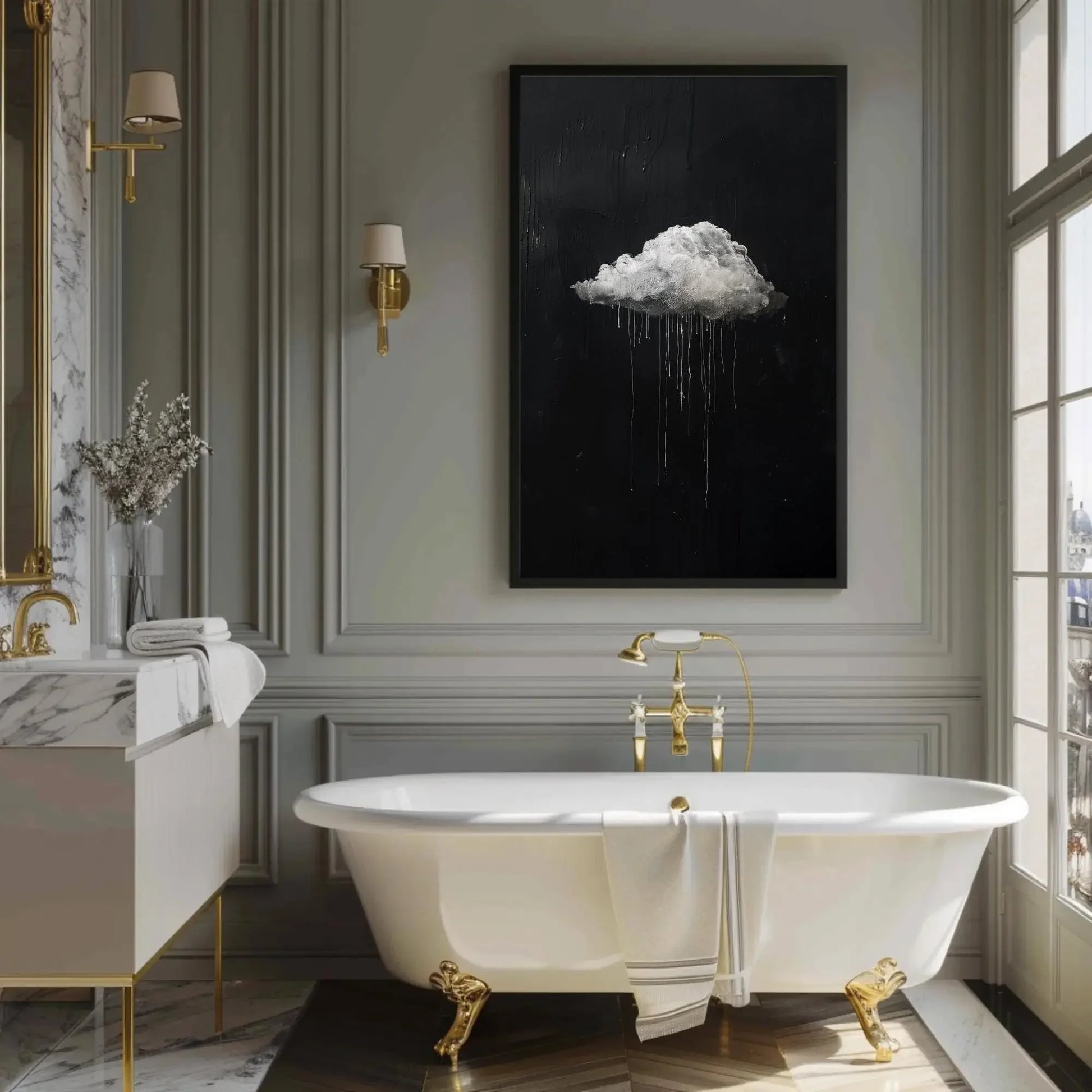 Moody Cloud Drip Painting Canvas Wall Art in Black and White, Modern Abstract Rain Cloud Print for Office or Living Room Decor Wall Art – Canvas Print