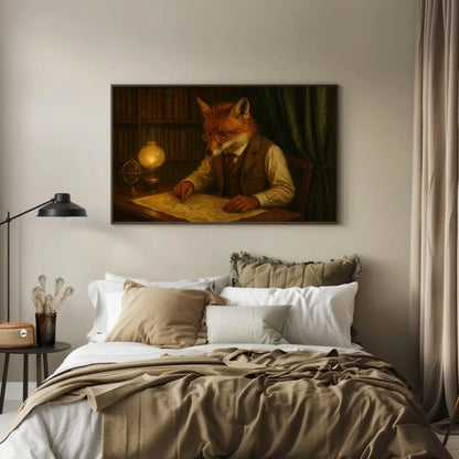 Fox Antique Map Room Canvas Print | Dark Academia Study Wall Art | Scholarly Fox Giclée | Moody Library Decor Wall Art – Canvas Print