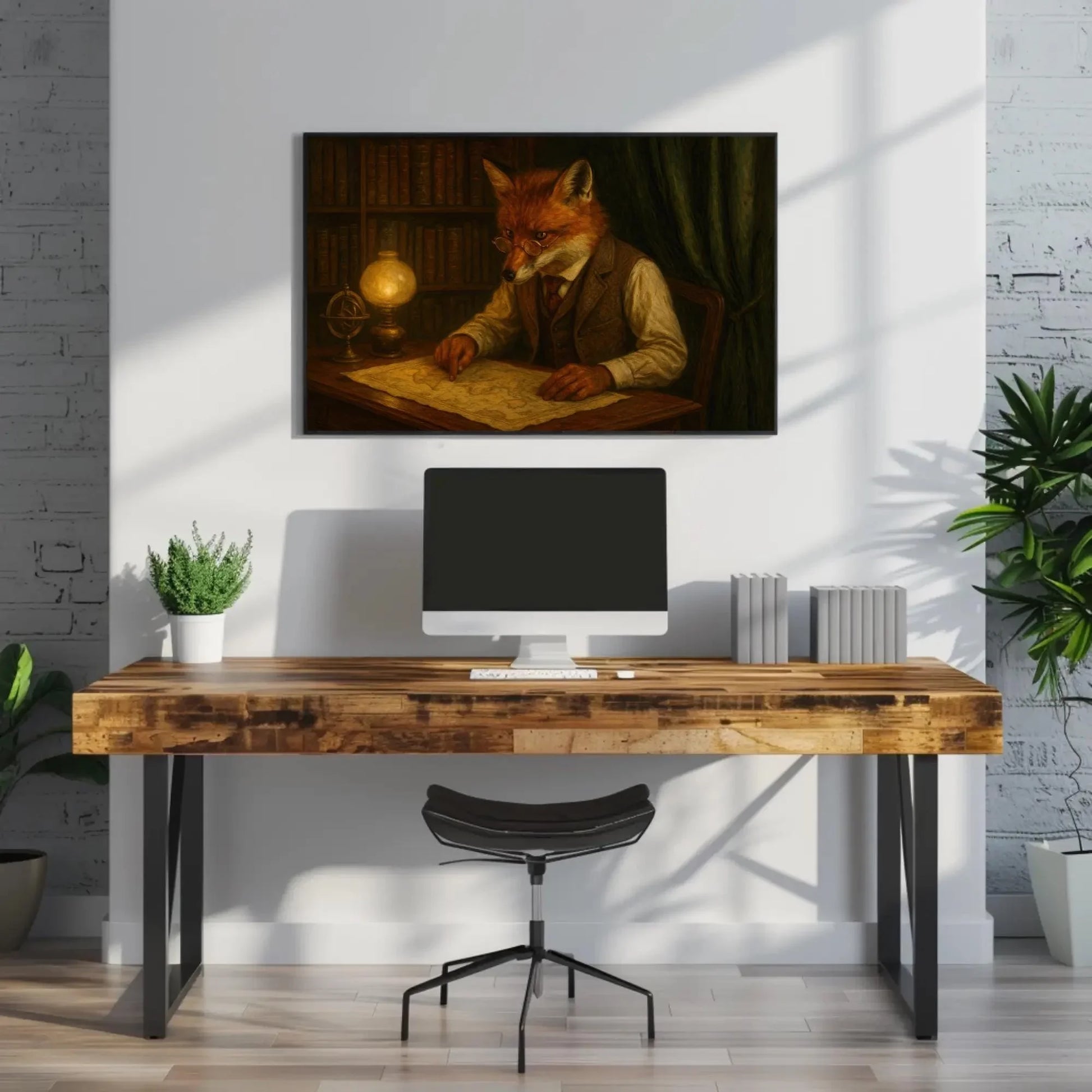 Fox Antique Map Room Canvas Print | Dark Academia Study Wall Art | Scholarly Fox Giclée | Moody Library Decor Wall Art – Canvas Print