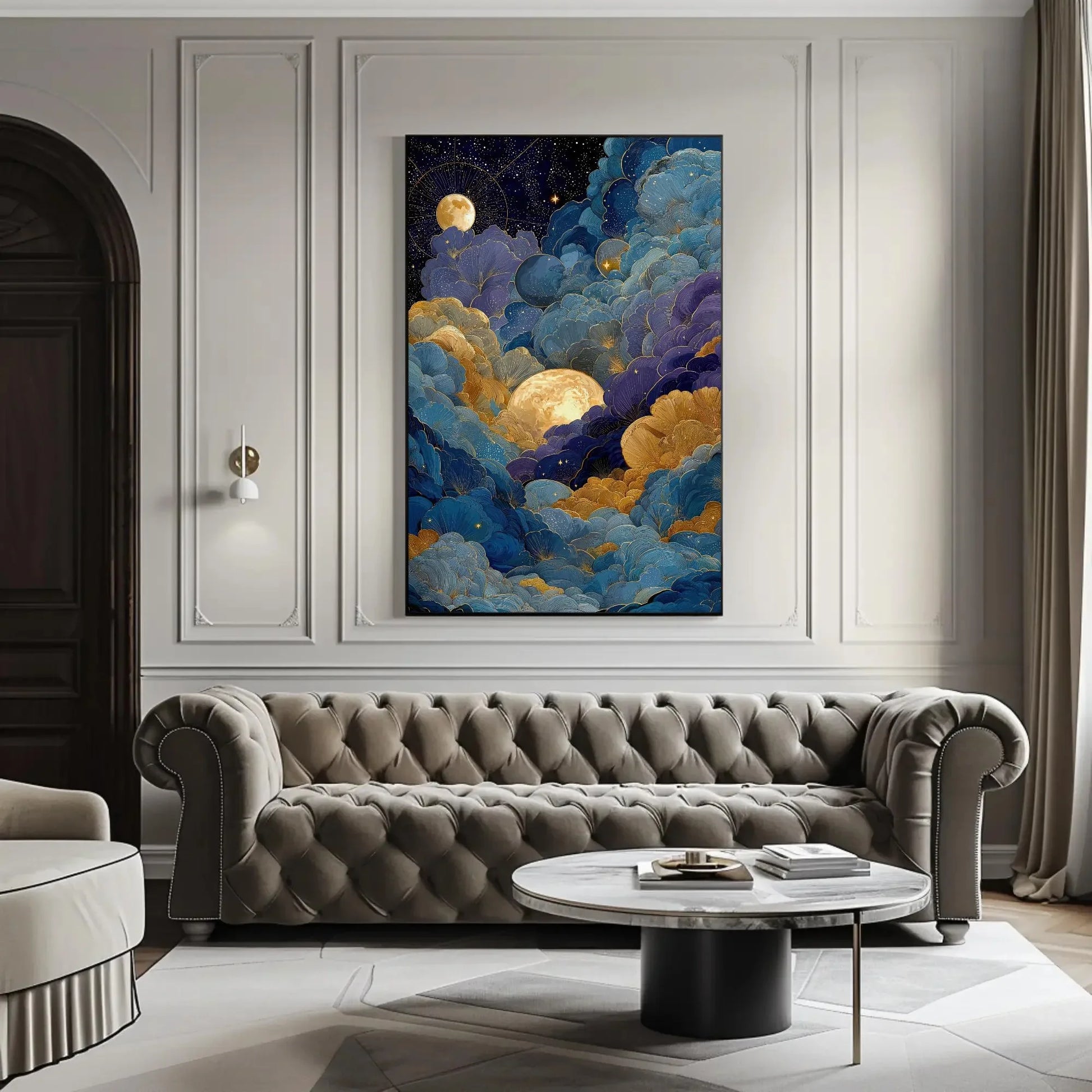 Celestial Moon Clouds Canvas Art, Gold Blue Purple Wall Decor, Mystical Night Sky Print, Whimsigoth Bedroom Art, Dreamy Maximalist Gift Wall Art – Canvas Print