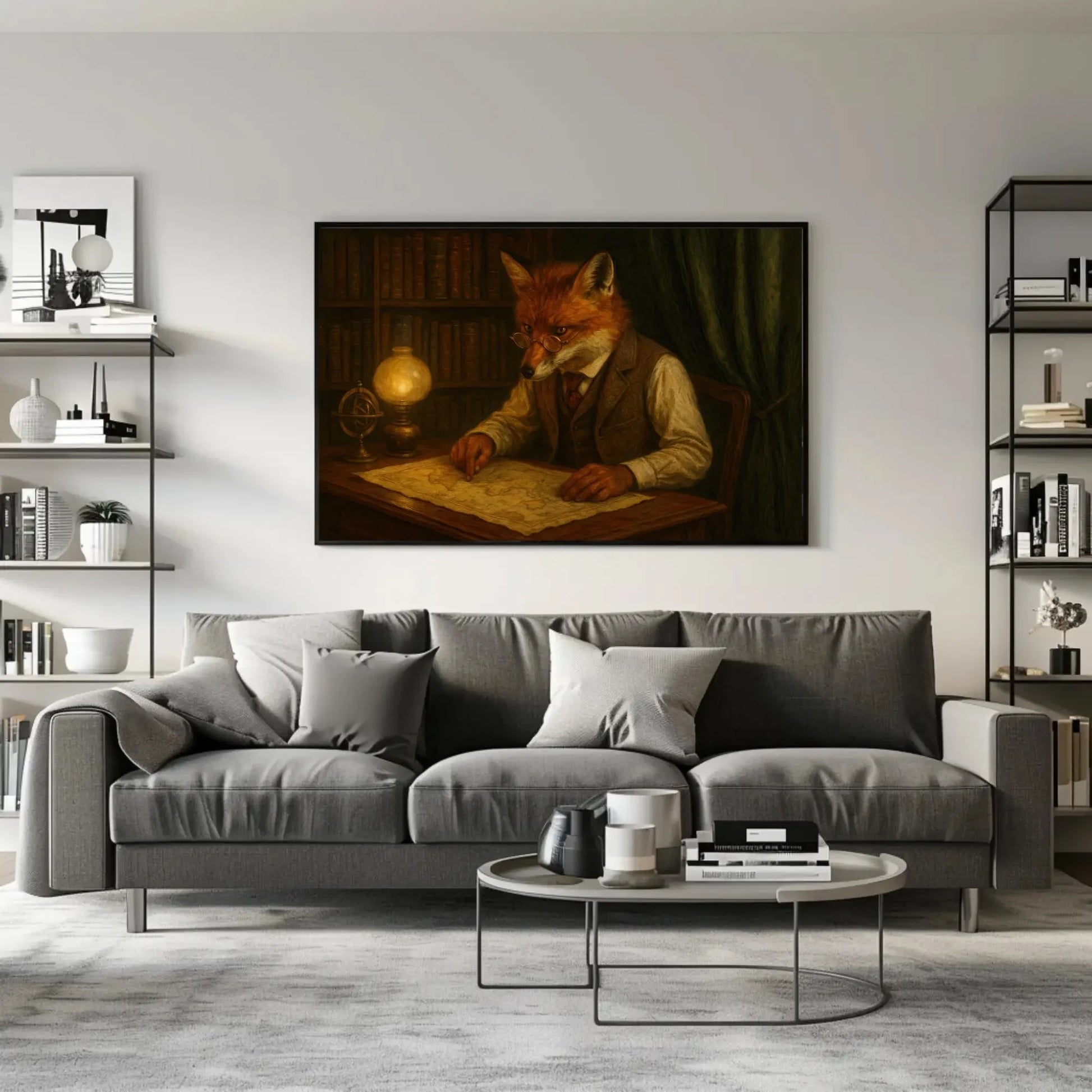 Fox Antique Map Room Canvas Print | Dark Academia Study Wall Art | Scholarly Fox Giclée | Moody Library Decor Wall Art – Canvas Print