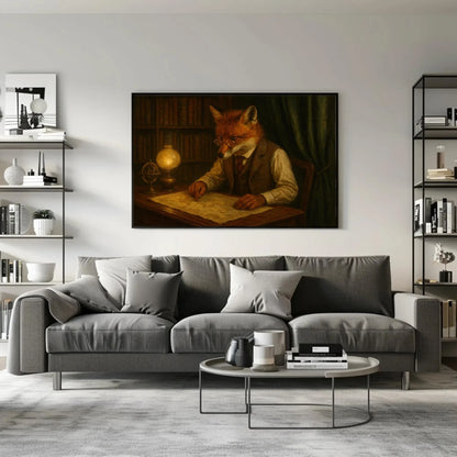 Fox Antique Map Room Canvas Print | Dark Academia Study Wall Art | Scholarly Fox Giclée | Moody Library Decor Wall Art – Canvas Print