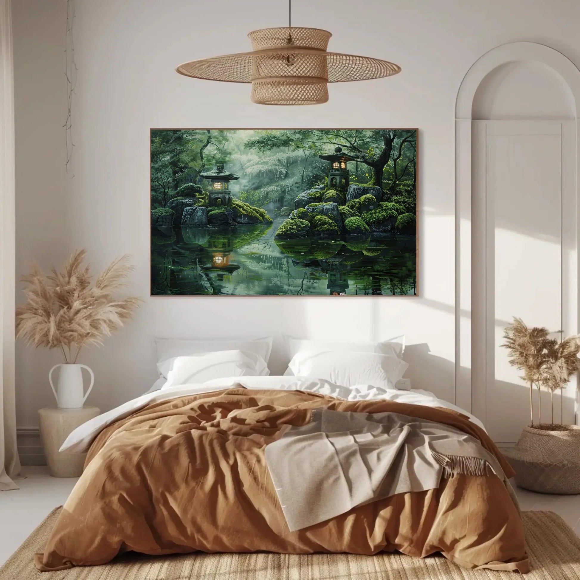 Japanese Zen Garden Canvas Wall Art – Tranquil Lantern Landscape Painting With Reflections And Mossy Rocks For Spa Or Meditation Room Wall Art – Canvas Print