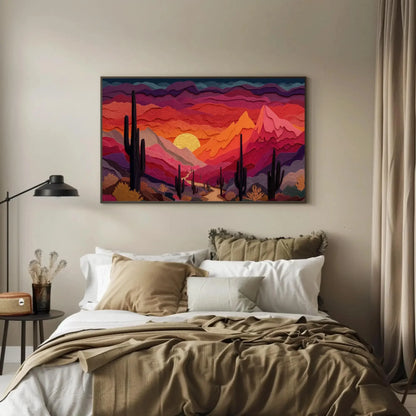 Desert Sunset Paper Cut Art Print, Saguaro Cactus Wall Decor, Modern Graphic Landscape, Orange Purple Sky, Layered Nature Artwork Wall Art – Canvas Print