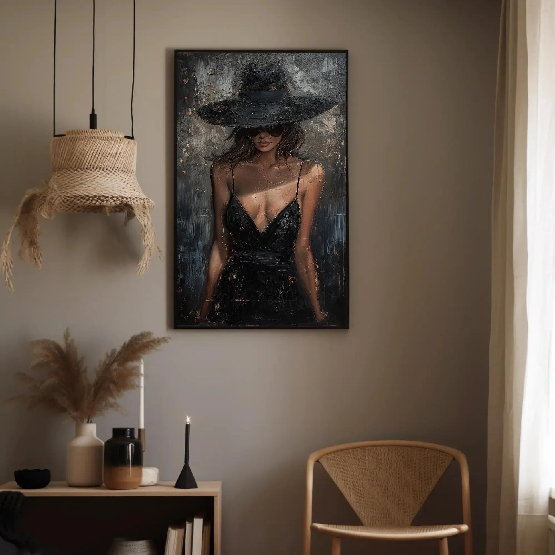 Black Dress Lady Canvas Oil Painting, Framed Print, Elegant Poster Art, Classic Wall Decor, Ready to Hang, For Living Room or Bedroom Wall Art – Canvas Print