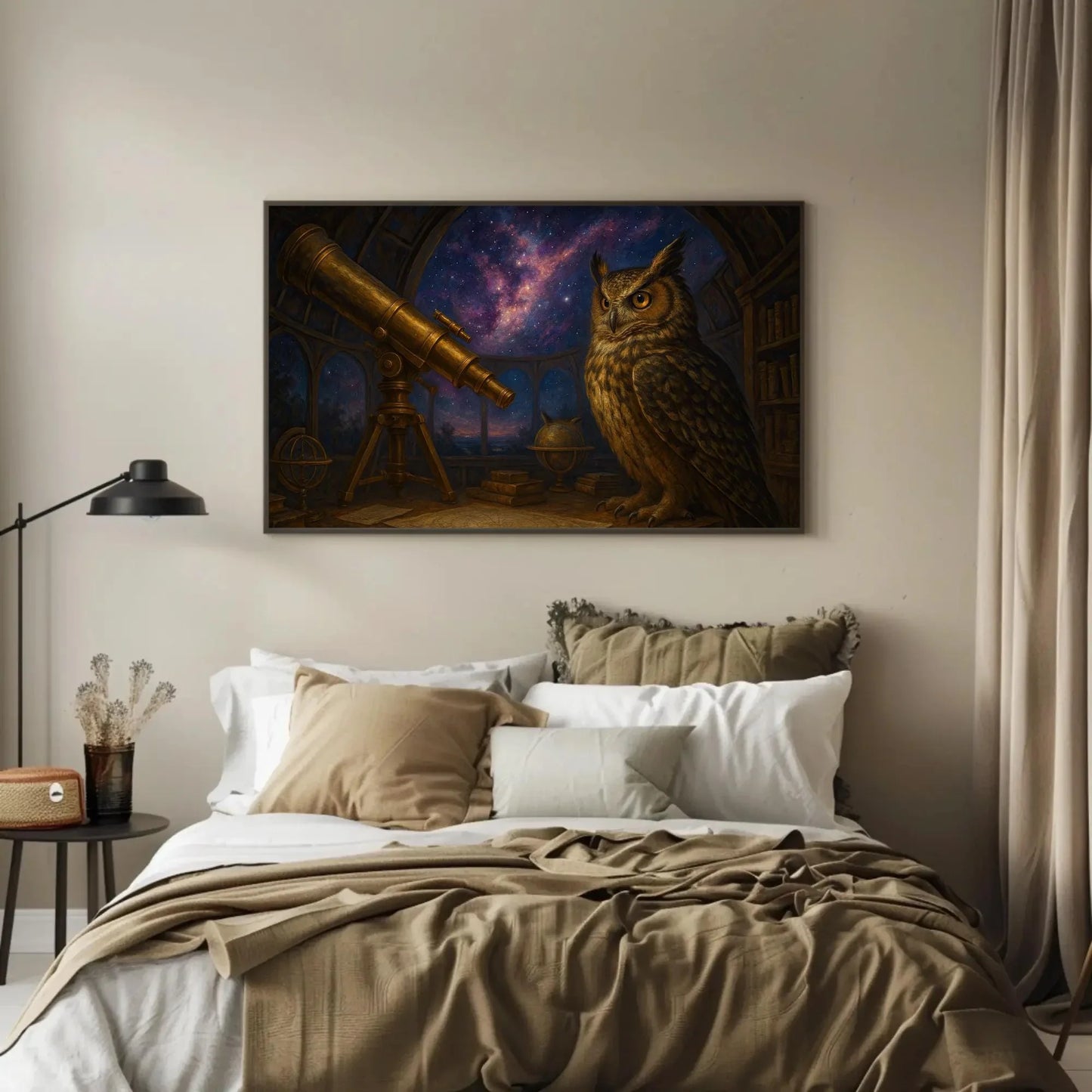 Owl Celestial Observatory Canvas Print | Cosmic Stargazing Wall Art | Dark Academia Space Decor | Magical Owl Giclée Wall Art – Canvas Print