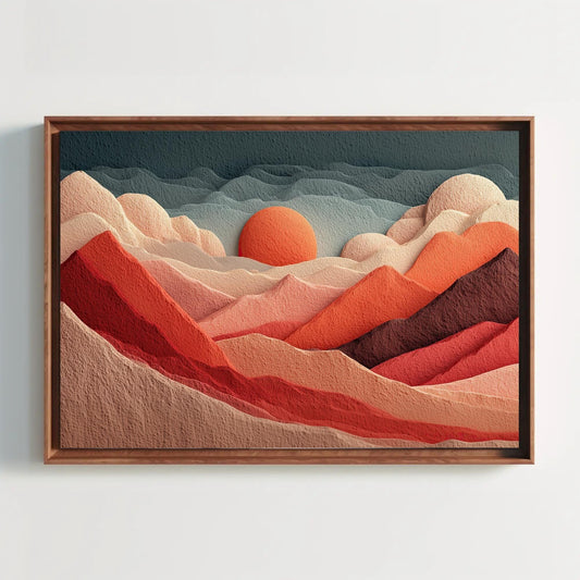Terracotta Orange Abstract Hills Print, Textured Mountain Wall Art, Layered Sunset Landscape, Modern Boho Decor, Framed 3D Felt Art, Nature Wall Art – Canvas Print