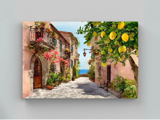Vibrant Italian Lemon Tree Street Art | Amalfi Coast Watercolor Wall Art | Mediterranean Village Decor | Sunny Travel Art Wall Art – Canvas Print