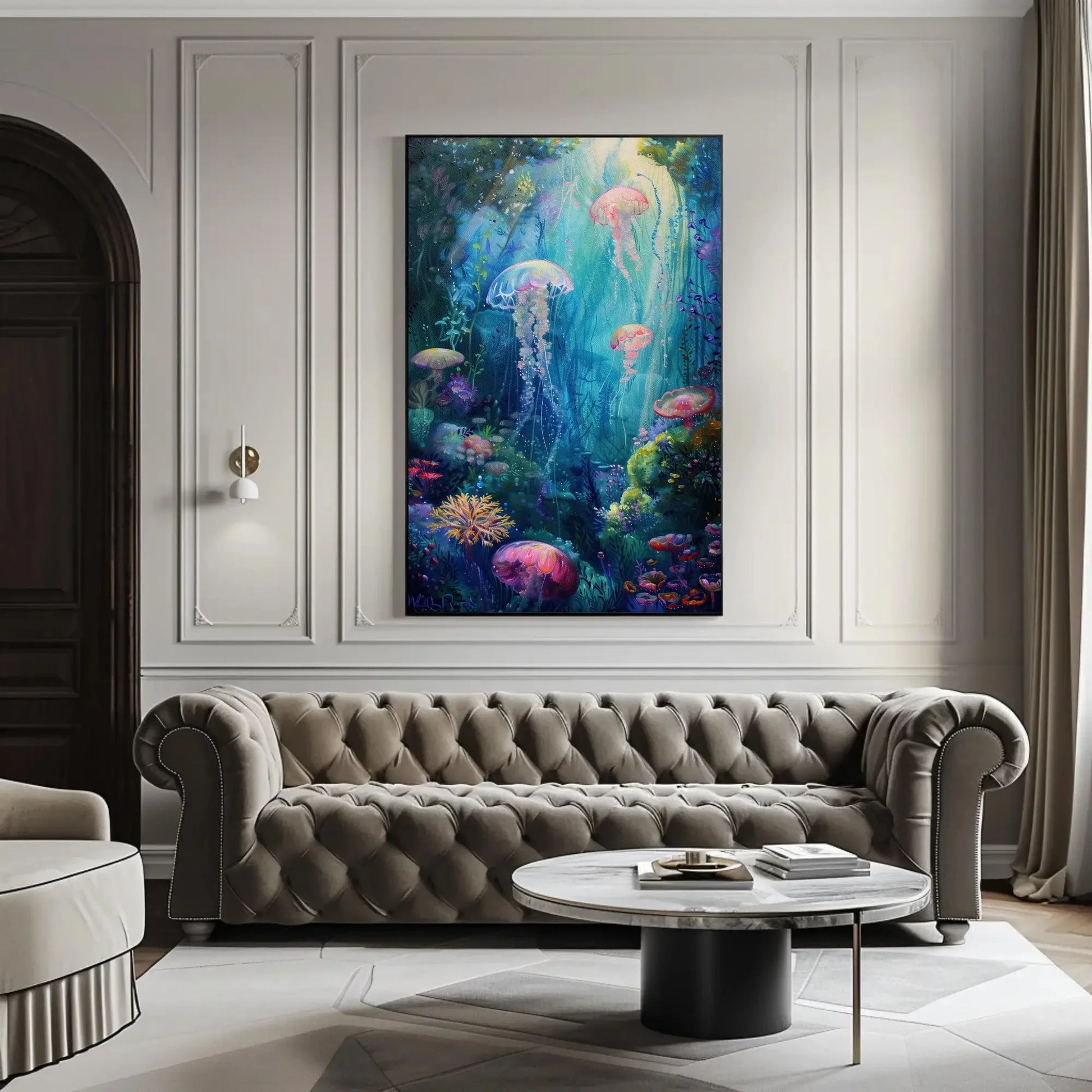 Ethereal Jellyfish and Coral Reef Canvas Print, Dreamy Underwater Oil Painting, Ocean Fantasy Wall Art for Coastal Home or Bedroom Wall Art – Canvas Print
