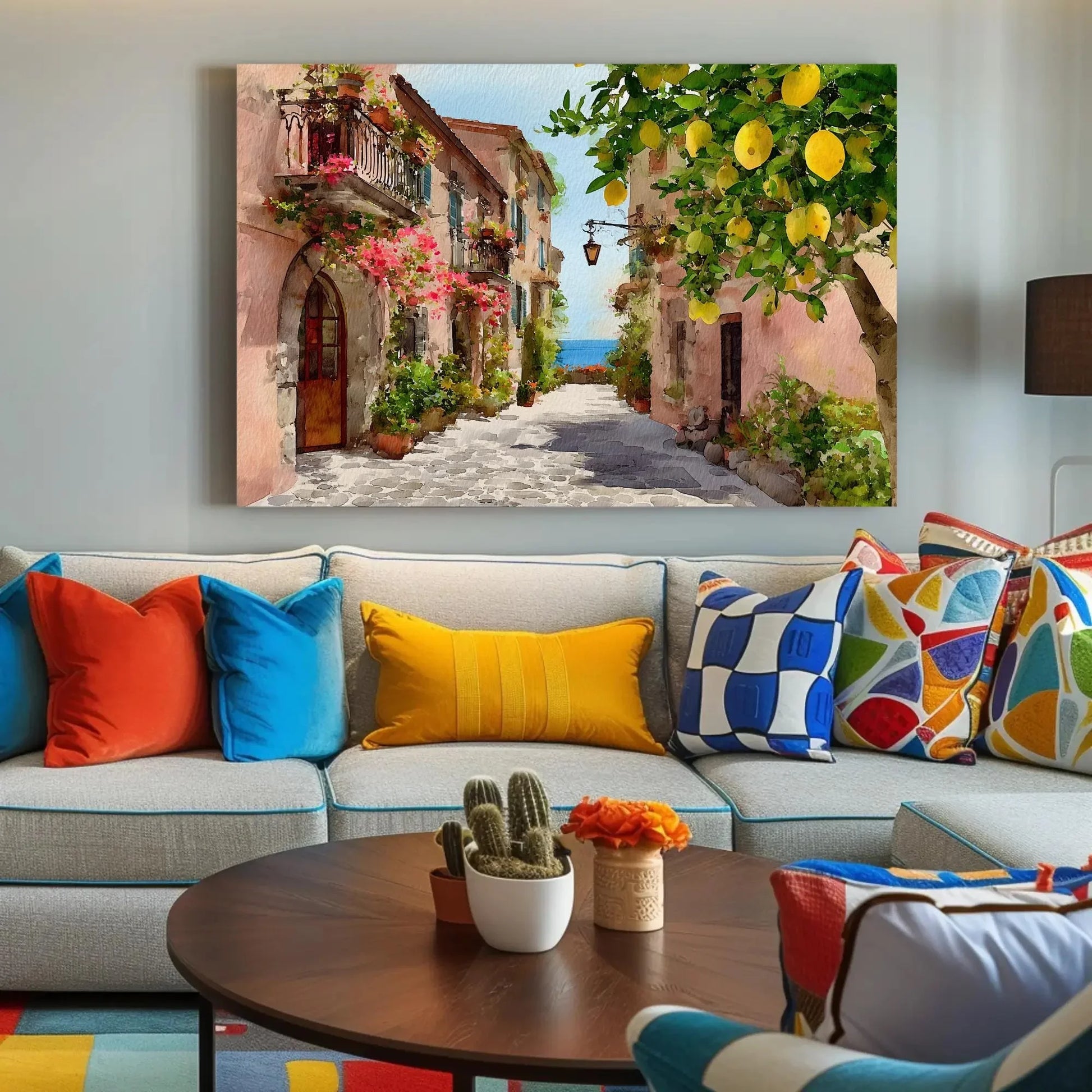 Vibrant Italian Lemon Tree Street Art | Amalfi Coast Watercolor Wall Art | Mediterranean Village Decor | Sunny Travel Art Wall Art – Canvas Print