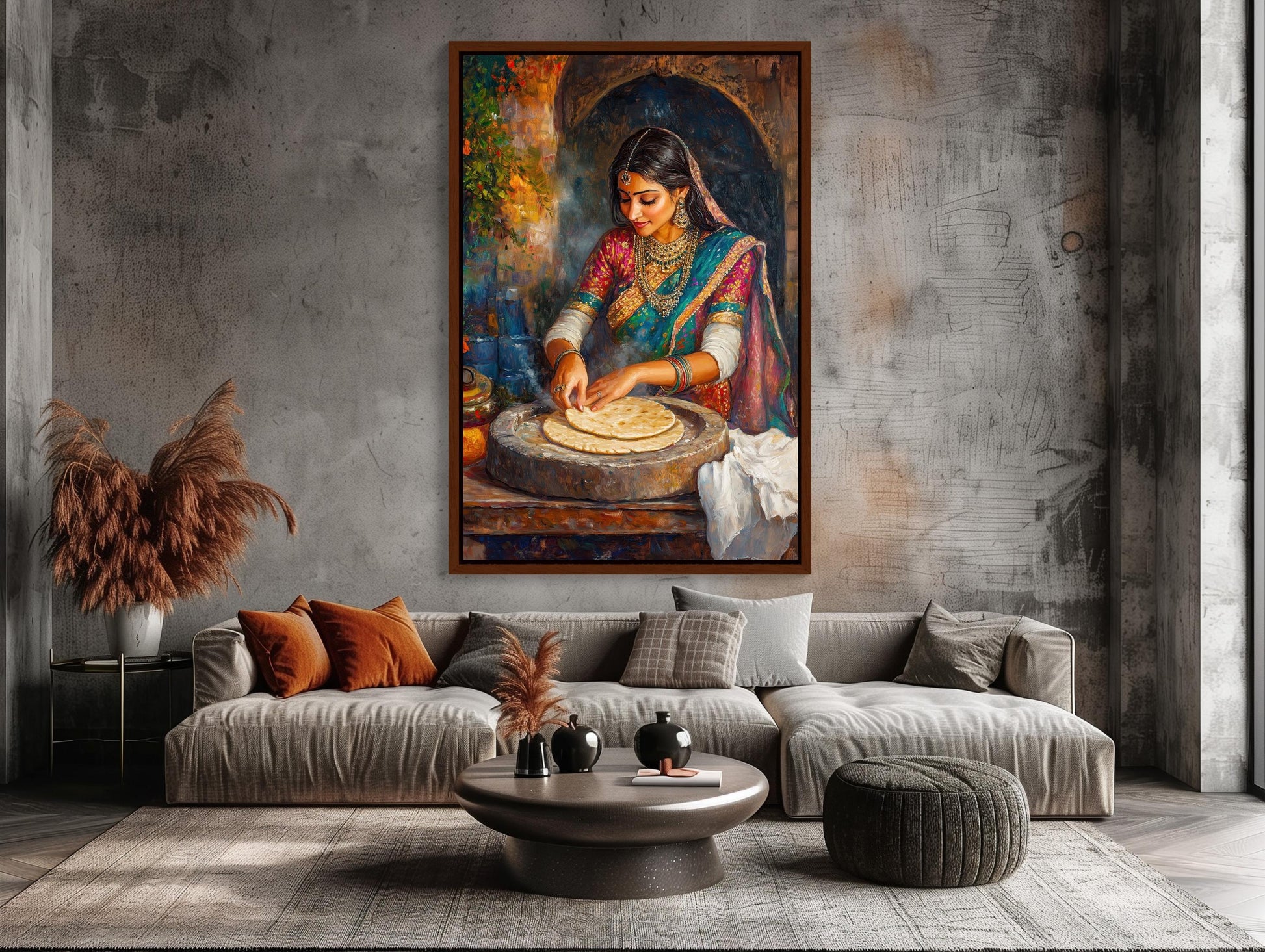 Indian Kitchen Wall Art Canvas, Traditional Indian Woman Making Roti, India Kitchen Decor, Cultural Indian Painting, Unique Canvas Print Wall Art – Canvas Print