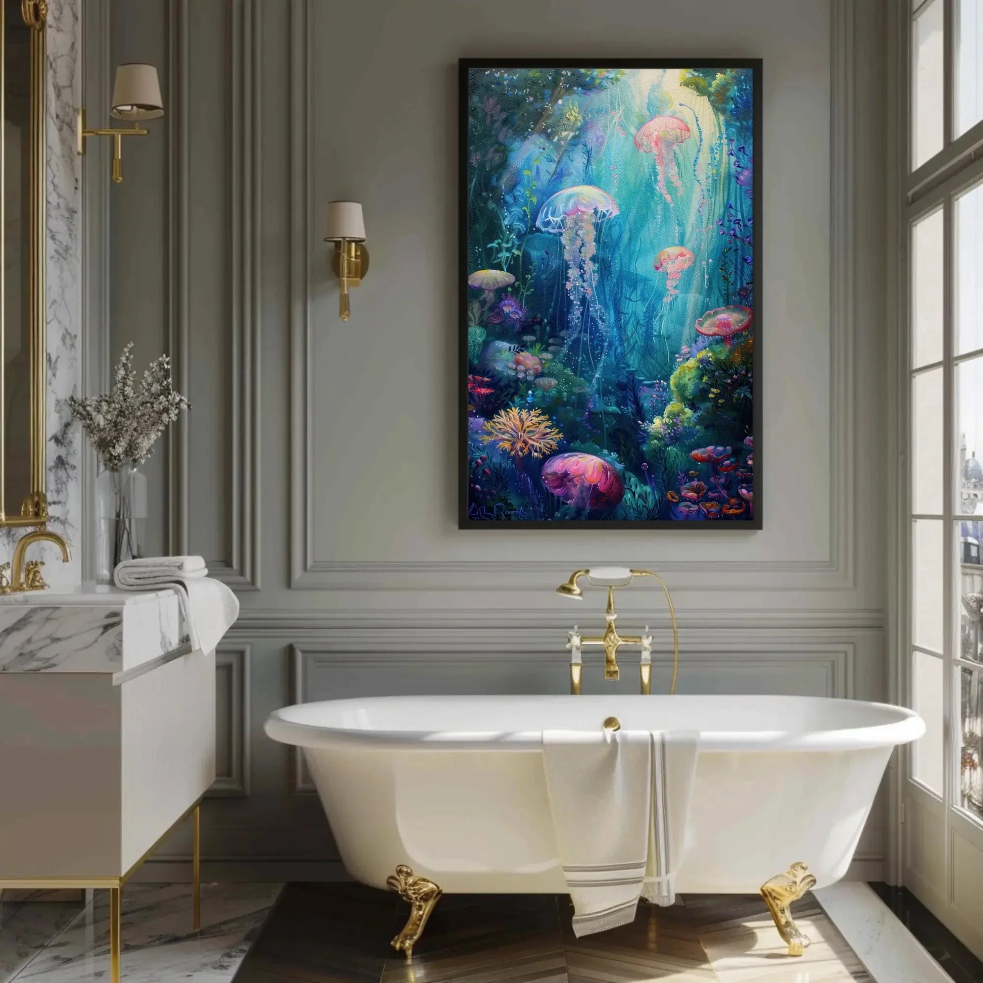 Ethereal Jellyfish and Coral Reef Canvas Print, Dreamy Underwater Oil Painting, Ocean Fantasy Wall Art for Coastal Home or Bedroom Wall Art – Canvas Print
