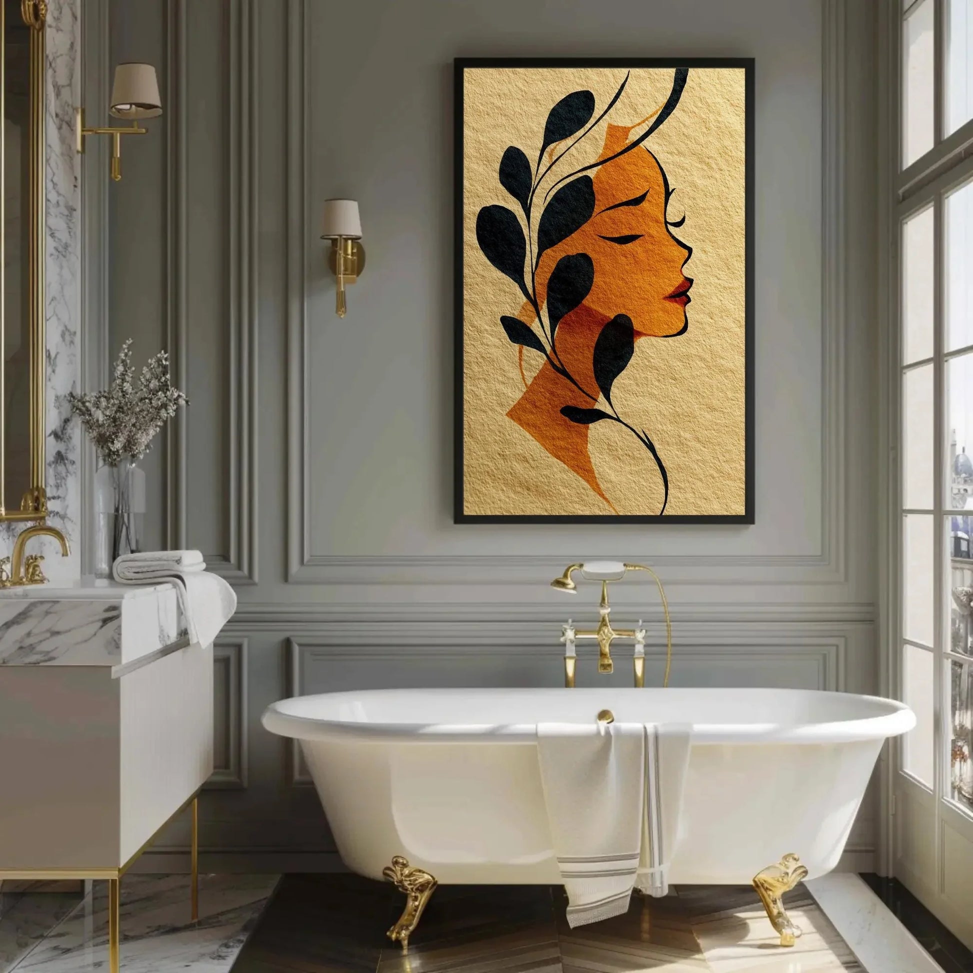 Art Nouveau Woman Profile Print, Minimalist Botanical Wall Art, Golden Orange Black, Feminine Decor, Textured Paper Illustration Gift Wall Art – Canvas Print