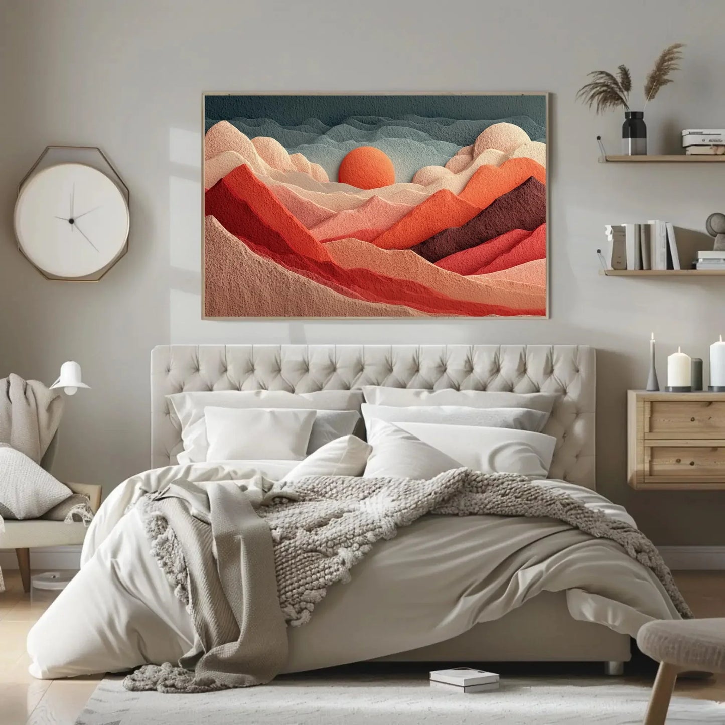 Terracotta Orange Abstract Hills Print, Textured Mountain Wall Art, Layered Sunset Landscape, Modern Boho Decor, Framed 3D Felt Art, Nature Wall Art – Canvas Print