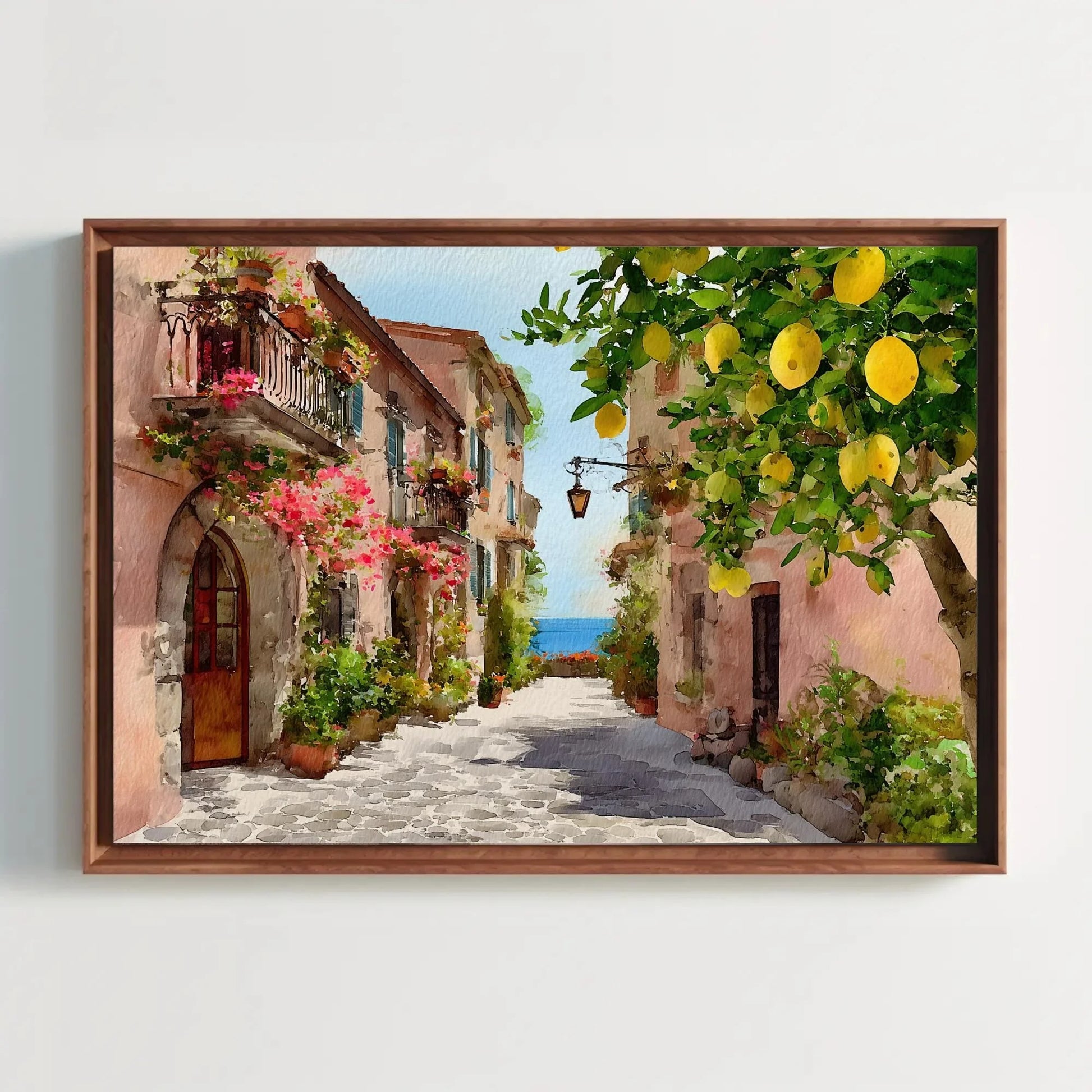 Vibrant Italian Lemon Tree Street Art | Amalfi Coast Watercolor Wall Art | Mediterranean Village Decor | Sunny Travel Art Wall Art – Canvas Print