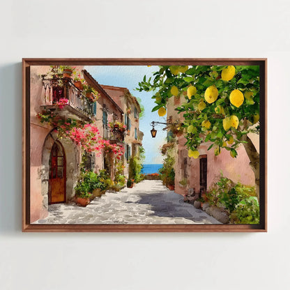 Vibrant Italian Lemon Tree Street Art | Amalfi Coast Watercolor Wall Art | Mediterranean Village Decor | Sunny Travel Art Wall Art – Canvas Print
