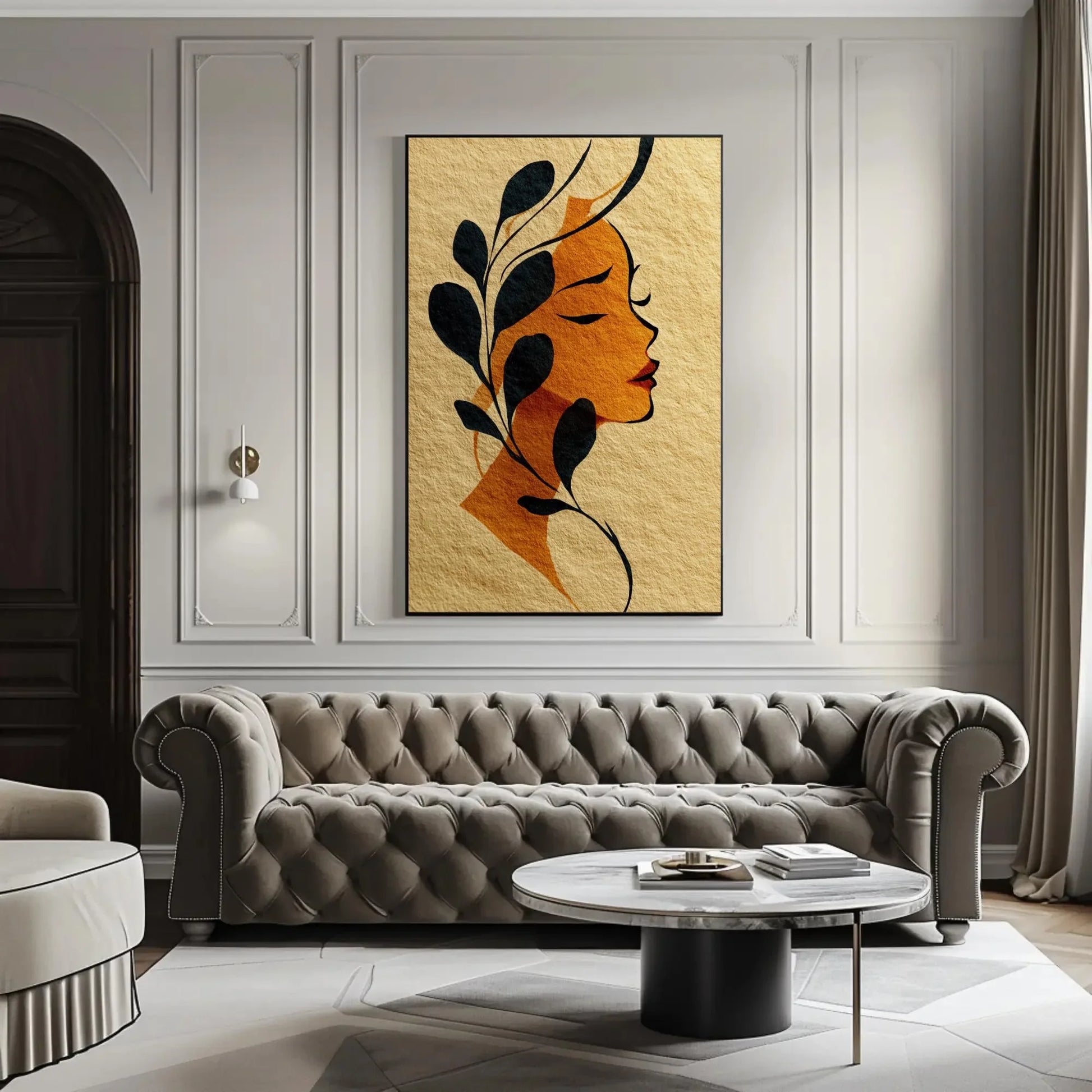 Art Nouveau Woman Profile Print, Minimalist Botanical Wall Art, Golden Orange Black, Feminine Decor, Textured Paper Illustration Gift Wall Art – Canvas Print
