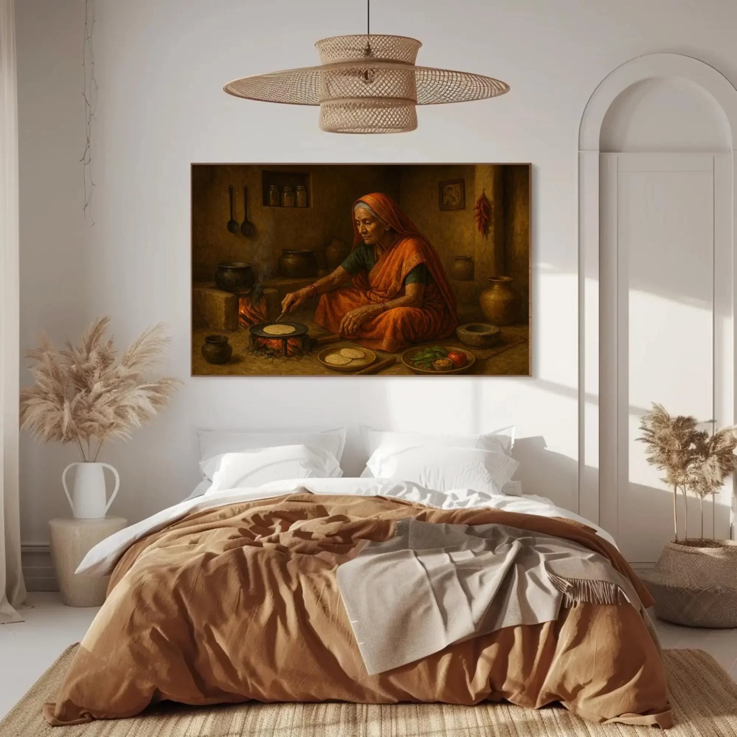 Rustic Indian village kitchen scene with elderly woman cooking chapati on open fire, traditional Indian home decor painting Wall Art – Canvas Print