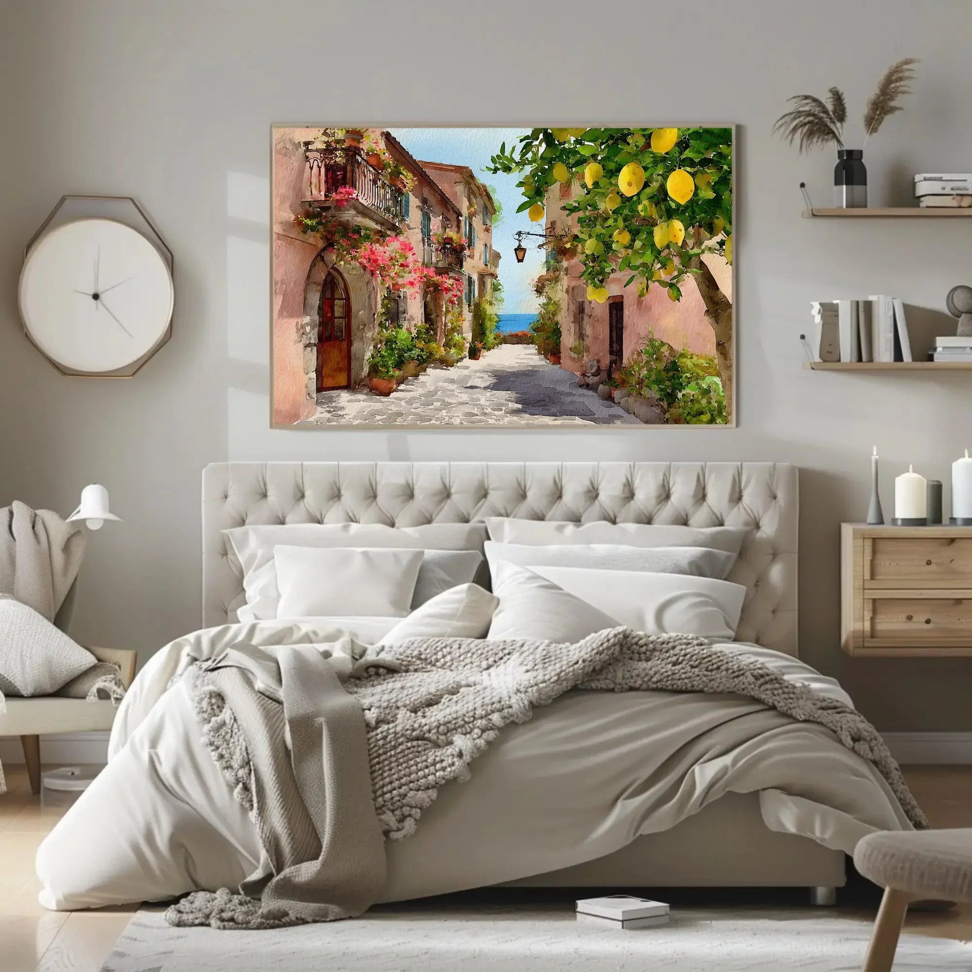Vibrant Italian Lemon Tree Street Art | Amalfi Coast Watercolor Wall Art | Mediterranean Village Decor | Sunny Travel Art Wall Art – Canvas Print