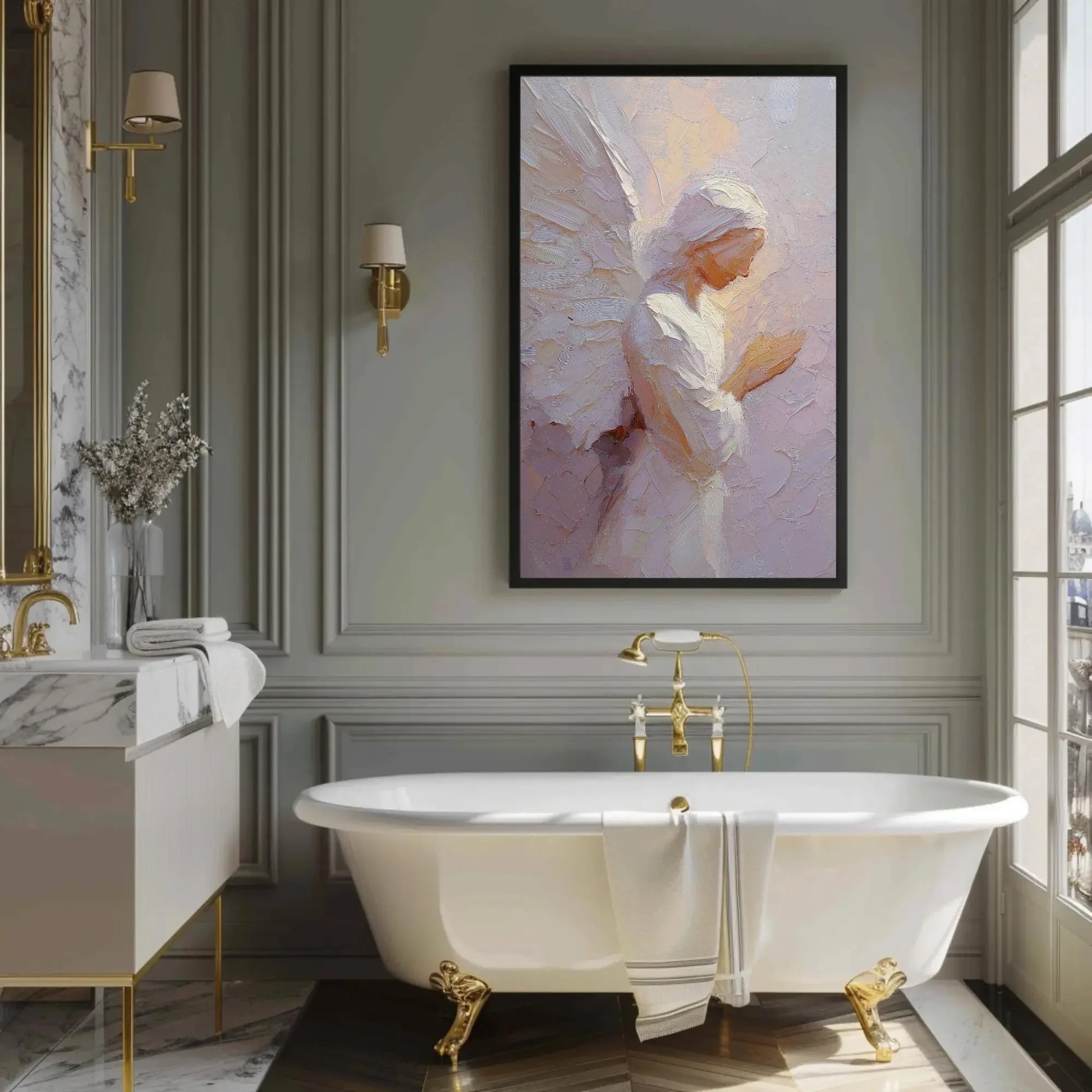 Praying Angel Canvas Art Print, Textured Spiritual Wall Decor, Guardian Angel Painting, Serene Contemplative Artwork, Impasto Religious Gift Wall Art – Canvas Print
