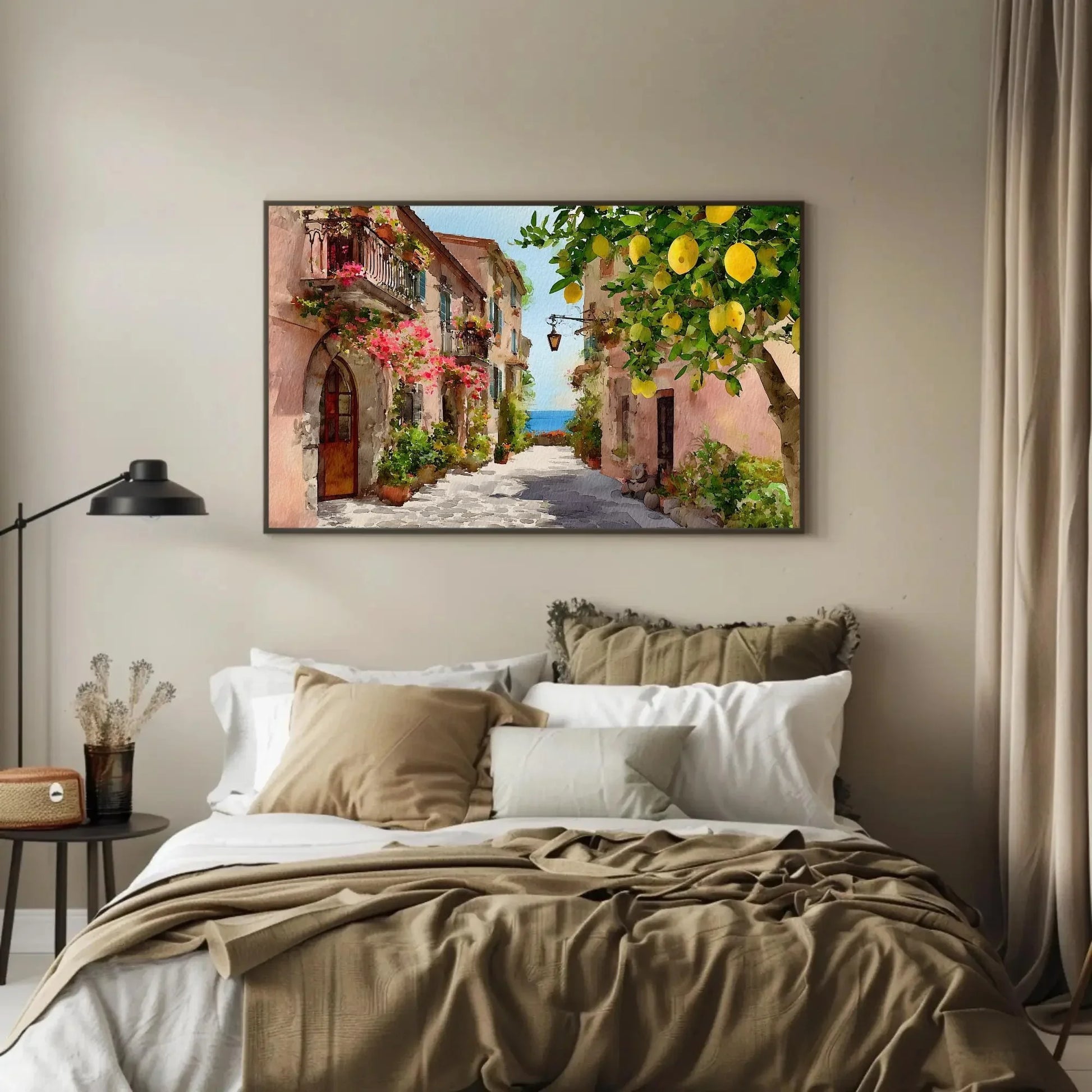 Vibrant Italian Lemon Tree Street Art | Amalfi Coast Watercolor Wall Art | Mediterranean Village Decor | Sunny Travel Art Wall Art – Canvas Print