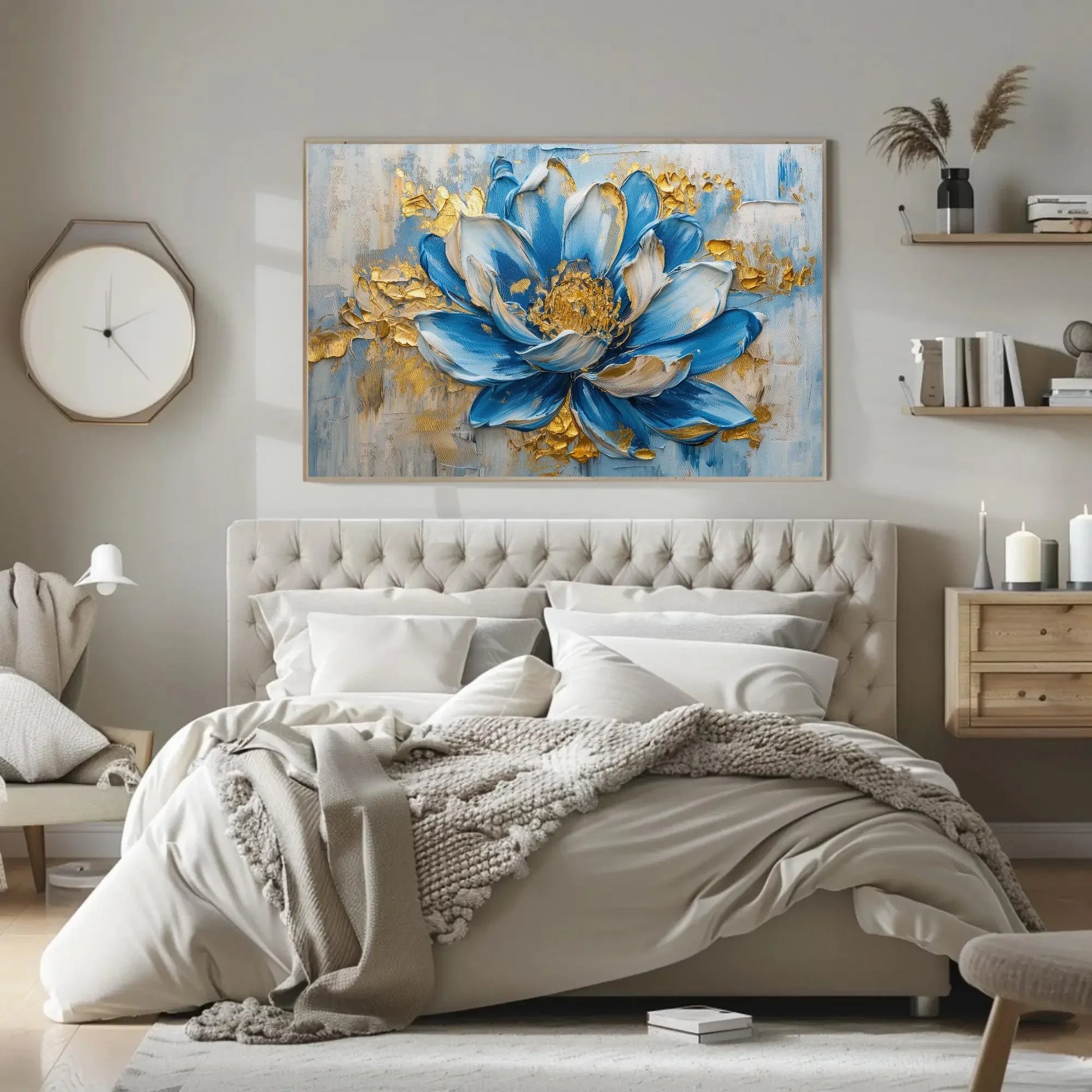Blue Flower Bloom Canvas Painting, Framed Print, Floral Art Poster, Beautiful Wall Decor, Ready to Hang, Perfect for Living Room or Bedroom Wall Art – Canvas Print