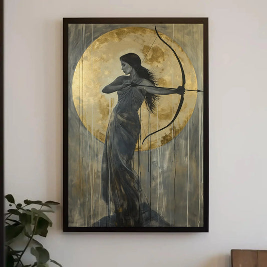 Artemis Greek Goddess with Bow and Gold Moon Canvas | Divine Feminine Art | Greek Mythology Wall Art for Living Room, Bedroom, Ready to Hang Wall Art – Canvas Print