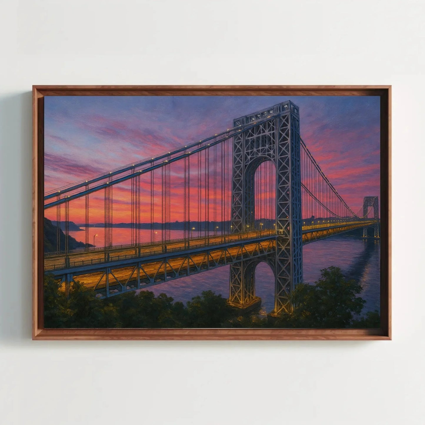 George Washington Bridge canvas wall art sunset New York skyline painting for living room or office decor romantic dusk cityscape view Wall Art – Canvas Print