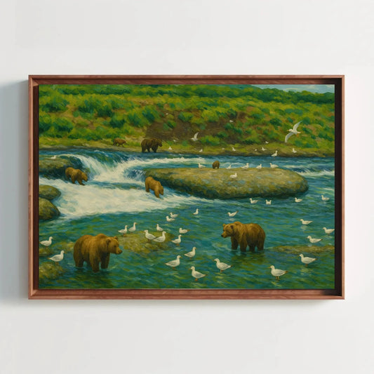 Brooks Falls Alaska grizzly bear fishing scene canvas wildlife painting for cabin lodge living room or nature themed wall decor Wall Art – Canvas Print