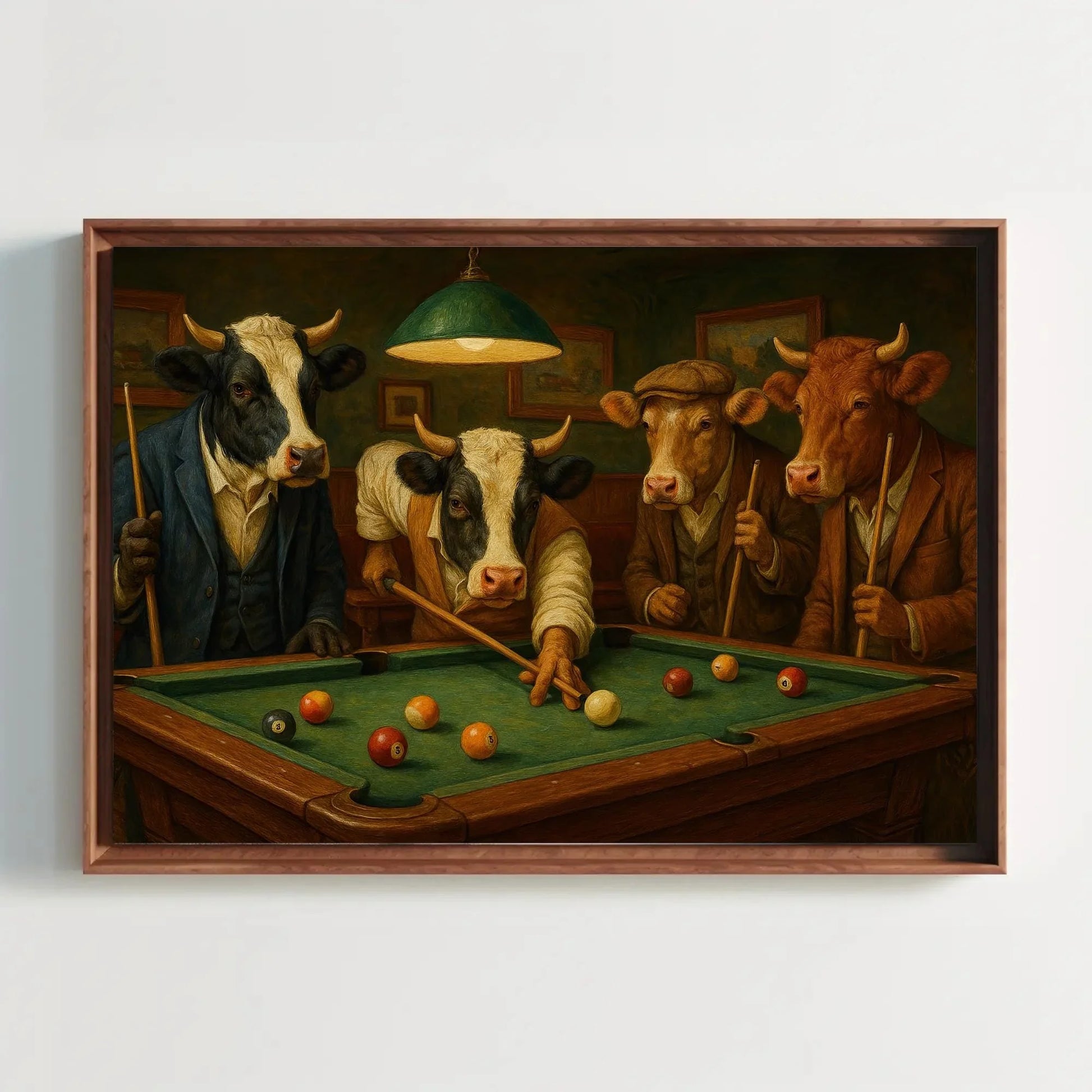 Cows Playing Pool Canvas Print Humorous Animal Billiards Painting with Dressed Cows Funny Farmhouse Wall Art for Bar or Game Room Wall Art – Canvas Print
