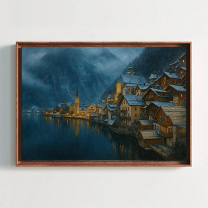 Snowy Night in Hallstatt Austria Canvas Print Magical Winter Village Lake Scene Wall Art for Cozy Mountain Home Decor Wall Art – Canvas Print