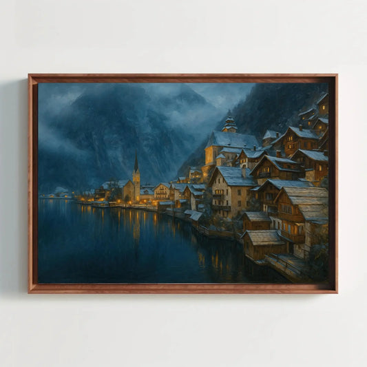 Snowy Night in Hallstatt Austria Canvas Print Magical Winter Village Lake Scene Wall Art for Cozy Mountain Home Decor Wall Art – Canvas Print