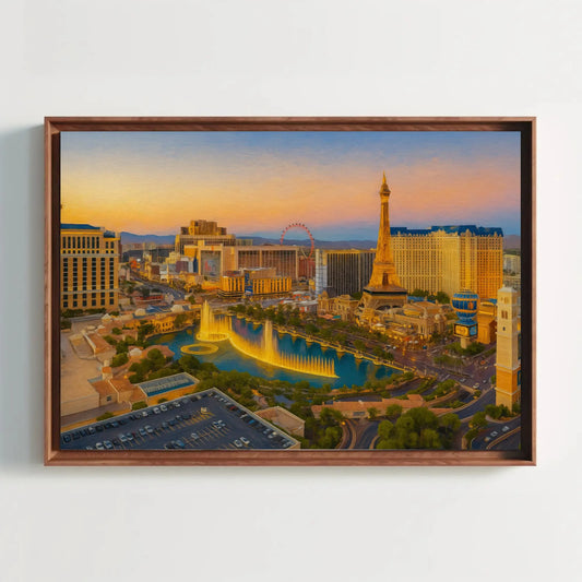 Las Vegas strip sunset canvas painting wall art for modern living room or game room decor with fountains skyline and Eiffel Tower print Wall Art – Canvas Print