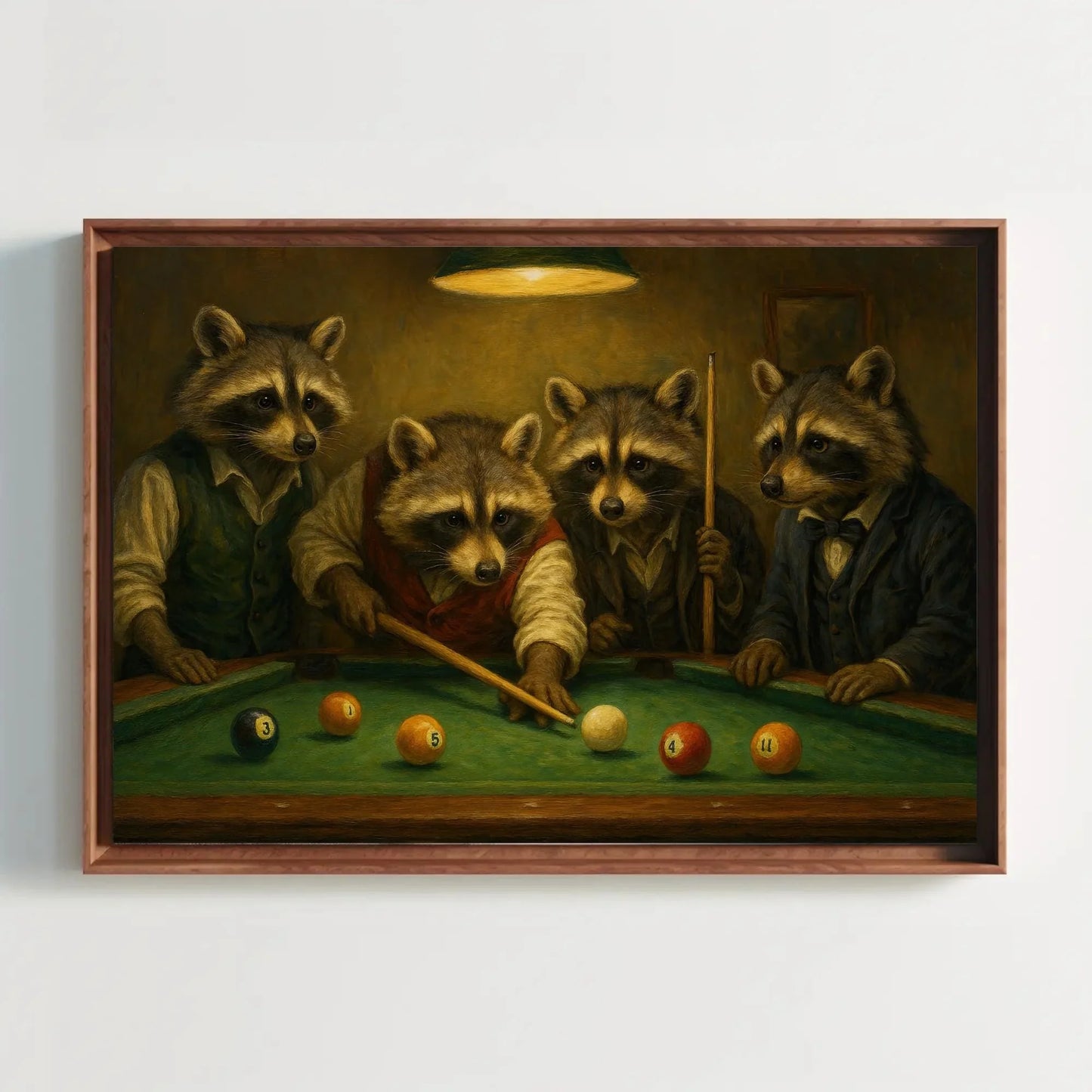 Raccoons Playing Pool Canvas Print Whimsical Animal Painting of Suited Raccoons Billiards Game Art for Bar Lounge or Man Cave Decor Wall Art – Canvas Print
