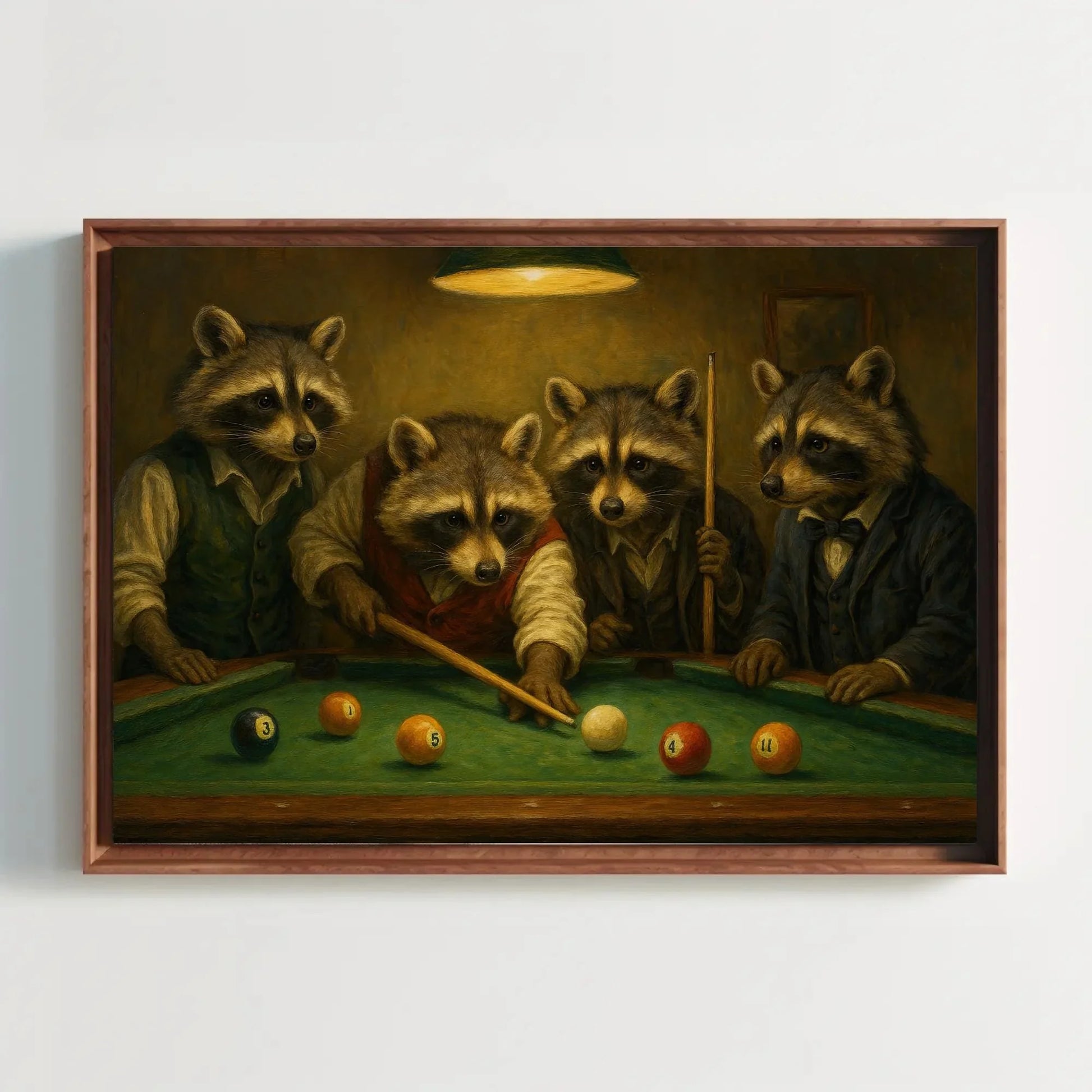 Raccoons Playing Pool Canvas Print Whimsical Animal Painting of Suited Raccoons Billiards Game Art for Bar Lounge or Man Cave Decor Wall Art – Canvas Print