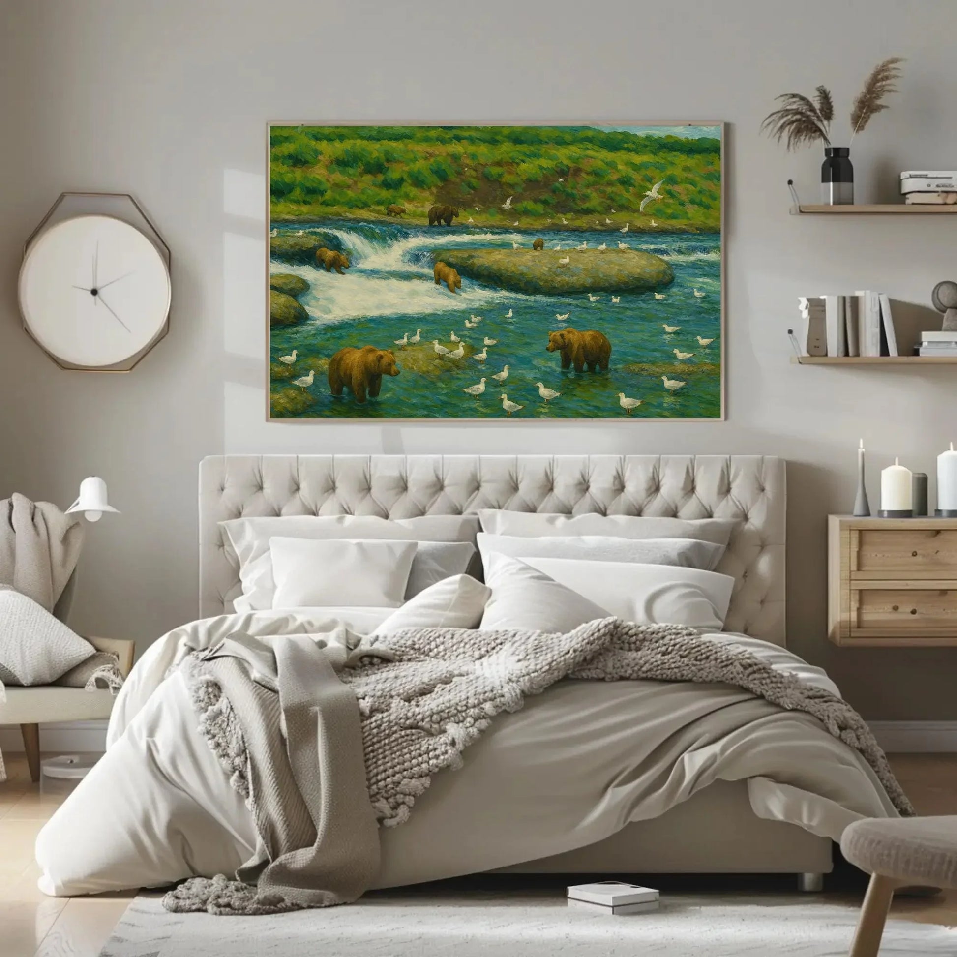 Brooks Falls Alaska grizzly bear fishing scene canvas wildlife painting for cabin lodge living room or nature themed wall decor Wall Art – Canvas Print