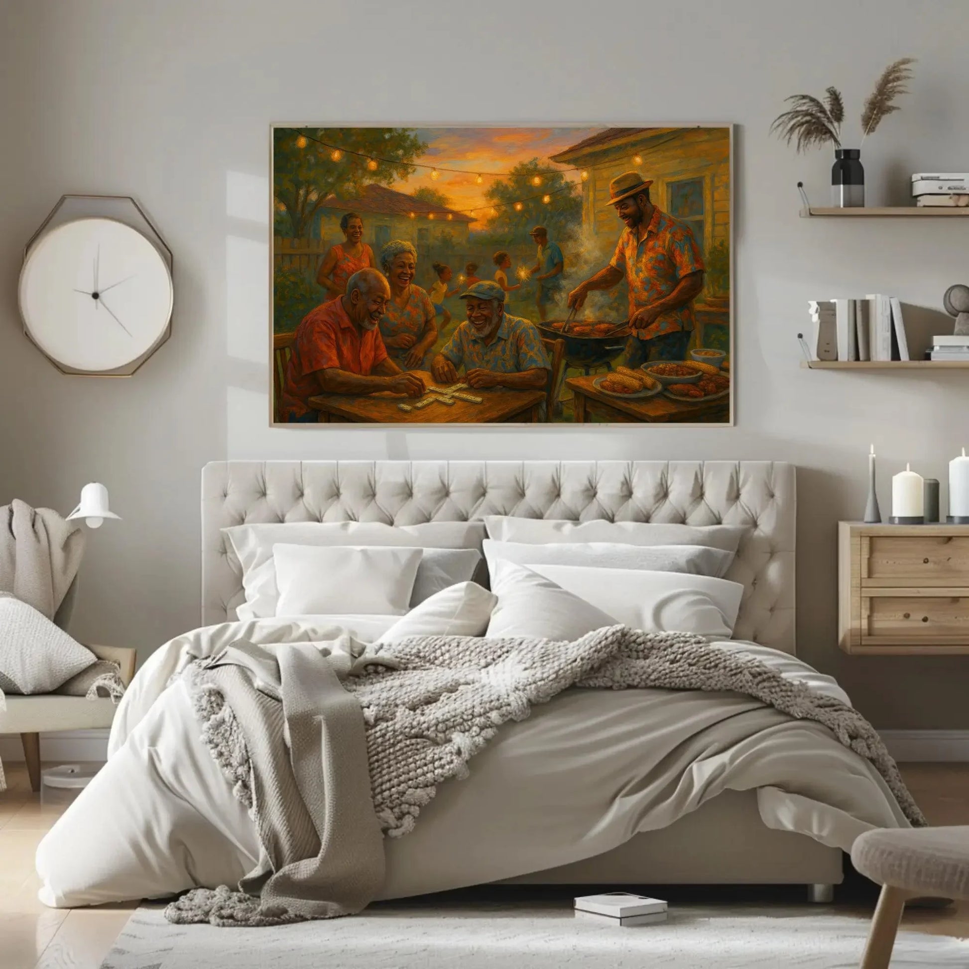 Black family barbecue canvas painting summer evening wall art for dining room kitchen or nostalgic home decor with joyful moments Wall Art – Canvas Print